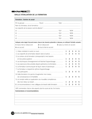 Guide de gestion des
ressources humaines
100
OUTIL no 25
GRILLE D’ÉVALUATION DE LA FORMATION
Formation : Gestion de projet
No du groupe : Heure : Date :
Nom du formateur, de la formatrice :
Les objectifs de la session sont-ils atteints ?
a) OUI NON
b) OUI NON
c) OUI NON
d) OUI NON
Indiquez votre degré d’accord envers chacun des énoncés présentés ci-dessous, en utilisant l’échelle suivante :
1=tout à fait en désaccord 2=en désaccord 3=plus ou moins en accord
4=en accord 5=tout à fait en accord
1. J’étais motivé(e) à suivre ce cours . . . . . . . . . . . . . . . . . . . . . . . . . . . . 1 2 3 4 5
2. Les objectifs de la formation étaient clairs et précis . . . . . . . . . . . . . . . 1 2 3 4 5
3. Le contenu de la formation correspondait à mes besoins
et mes préoccupations . . . . . . . . . . . . . . . . . . . . . . . . . . . . . . . . . . . . 1 2 3 4 5
4. Les techniques d’enseignement ont favorisé l’apprentissage . . . . . . . . . 1 2 3 4 5
5. Les exercices et les activités étaient pertinents à la formation . . . . . . . . 1 2 3 4 5
6. Le formateur communiquait de façon claire et dynamique . . . . . . . . . . 1 2 3 4 5
7. Le formateur a respecté le rythme d’apprentissage
des participants . . . . . . . . . . . . . . . . . . . . . . . . . . . . . . . . . . . . . . . . . . 1 2 3 4 5
8. Cette formation m’a permis d’augmenter mon niveau
de connaissances et d’habiletés . . . . . . . . . . . . . . . . . . . . . . . . . . . . . 1 2 3 4 5
9. Je compte mettre en application ces nouvelles compétences
dès mon retour au travail . . . . . . . . . . . . . . . . . . . . . . . . . . . . . . . . . . . 1 2 3 4 5
10. Je recommanderais à mes collègues de travail cette formation . . . . . . . 1 2 3 4 5
SVP, commentez chacun des aspects dont le score est de 3 et moins.
Commentaires et recommandations
 