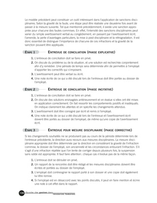 Guide de gestion des
ressources humaines
106
Le modèle précédent peut constituer un outil intéressant dans l'application de sanctions disci-
plinaires. Selon la gravité de la faute, une étape peut être réalisée une deuxième fois avant de
passer à la mesure suivante. Tel que mentionné précédemment, il existe une sanction appro-
priée pour chacune des fautes commises. En effet, l'intensité des sanctions disciplinaires peut
varier du simple avertissement verbal au congédiement, en passant par l'avertissement écrit,
l'amende, la perte d'avantages particuliers, la mise à pied disciplinaire et la rétrogradation. Il est
donc essentiel de distinguer l'importance de chacune de ces infractions et la gravité de la
sanction pouvant être appliquée.
ÉTAPE 1 ENTREVUE DE CONCILIATION (PHASE EXPLICATIVE)
1. L'entrevue de conciliation doit se faire en privé.
2. On discute du problème ou de la situation, et une solution est recherchée conjointement
afin d'y remédier. Une période de temps sera déterminée afin de permettre à l'employé
d'apporter les correctifs qui s'imposent.
3. L'avertissement peut être verbal ou écrit.
4. Une note écrite de ce qui a été discuté lors de l'entrevue doit être portée au dossier de
l'employé.
ÉTAPE 2 ENTREVUE DE CONCILIATION (PHASE INCITATIVE)
1. L'entrevue de conciliation doit se faire en privé.
2. On discute des solutions envisagées antérieurement et on évalue si elles ont été mises
en application correctement. On fait ressortir les comportements positifs et inadéquats.
On indique clairement les attentes et on spécifie les changements attendus.
3. L'avertissement doit être consigné par écrit et remis à l'employé.
4. Une note écrite de ce qui a été discuté lors de l'entrevue et l'avertissement écrit
doivent être portés au dossier de l'employé, de même qu'une copie de l'avertissement
écrit.
ÉTAPE 3 ENTREVUE POUR MESURE DISCIPLINAIRE (PHASE CORRECTIVE)
Si les changements souhaités ne se produisent pas au cours de la période déterminée lors de
l'entrevue précédente, la direction aura recours aux mesures disciplinaires. La mesure disci-
plinaire appropriée doit être déterminée par la direction en considérant la gravité de l'infraction
commise, le dossier de l'employé, son ancienneté et les circonstances entourant l'infraction. S'il
s'agit d'une infraction répétée que l'on tente de corriger depuis plusieurs fois, la suspension
sans solde est appropriée. Il faut faire attention: chaque cas n'évolue pas de la même façon.
1. L'entrevue doit se dérouler en privé.
2. Un rapport de la rencontre doit être rédigé et les mesures disciplinaires doivent être
écrites et portées au dossier de l'employé.
3. L'employé doit contresigner le rapport porté à son dossier et une copie doit également
lui être remise.
4. Si l'employé est en désaccord avec les points discutés, il peut en faire mention et écrire
une note à cet effet dans le rapport.
 