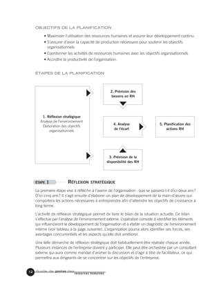 Guide de gestion des
resources humaines
12
1. Réflexion stratégique
Analyse de l’environnement
Élaboration des objectifs
organisationnels
2. Prévision des
besoins en RH
3. Prévision de la
disponibilité des RH
5. Planification des
actions RH
4. Analyse
de l’écart
OBJECTIFS DE LA PLANIFICATION
• Maximiser l’utilisation des ressources humaines et assurer leur développement continu
• S’assurer d’avoir la capacité de production nécessaire pour soutenir les objectifs
organisationnels
• Coordonner les activités de ressources humaines avec les objectifs organisationnels
• Accroître la productivité de l’organisation.
ÉTAPES DE LA PLANIFICATION
ÉTAPE 1 RÉFLEXION STRATÉGIQUE
La première étape vise à réfléchir à l’avenir de l’organisation : que se passera-t-il d’ici deux ans?
D’ici cinq ans? Il s’agit ensuite d’élaborer un plan de développement de la main-d’œuvre qui
comportera les actions nécessaires à entreprendre afin d’atteindre les objectifs de croissance à
long terme.
L’activité de réflexion stratégique permet de faire le bilan de la situation actuelle. Ce bilan
s’effectue par l’analyse de l’environnement externe. L’opération consiste à identifier les éléments
qui influenceront le développement de l’organisation et à établir un diagnostic de l’environnement
interne (voir tableau à la page suivante). L’organisation pourra alors identifier ses forces, ses
avantages concurrentiels et les aspects qu’elle doit améliorer.
Une telle démarche de réflexion stratégique doit habituellement être réalisée chaque année.
Plusieurs instances de l’entreprise doivent y participer. Elle peut être orchestrée par un consultant
externe qui aura comme mandat d’animer la discussion et d’agir à titre de facilitateur, ce qui
permettra aux dirigeants de se concentrer sur les objectifs de l’entreprise.
 