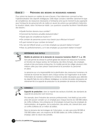 Guide de gestion des
resources humaines
14
ÉTAPE 2 PRÉVISIONS DES BESOINS EN RESSOURCES HUMAINES
Pour prévoir les besoins en matière de main-d’œuvre, il faut déterminer comment se fera
l’opérationalisation des objectifs stratégiques. Cette étape consiste à identifier clairement le type
de compétences, les ressources nécessaires à l’entreprise ainsi que le moment le plus approprié
pour l’embauche de personnel afin de mettre en œuvre les actions qui permettront d’atteindre
la situation idéale, selon l’échéancier établi. Les questions suivantes facilitent l’identification
des besoins :
• Quelle fonction devrons-nous combler?
• Comment les fonctions actuelles évolueront-elles?
• Quels types de compétences faudra-t-il?
• De combien de personnes aurons-nous besoin pour effectuer le travail?
• À quel moment et pour combien de temps?
• Au sein de l’effectif actuel, y a-t-il des employés qui peuvent réaliser le travail?
• Avec du perfectionnement, y a-t-il des employés qui pourraient réaliser le travail?
RÉFÉRENCE AUX OUTILS
Modèle de prévision de la demande de ressources humaines (Outil no 1, p. 18)
Cet outil permet de dresser le portrait global des besoins de ressources humaines
en fonction de chaque secteur de l’entreprise, des titres d’emploi, des employés
actuels et des prochaines embauches. Ce modèle permet de colliger plusieurs infor-
mations utiles pour bien prévoir l’avancement et la promotion du personnel
en place.
La personne qui a la responsabilité de la planification des ressources humaines a le
mandat de recenser les besoins dans chaque secteur de l’organisation et de traiter
l’information de manière à déterminer le nombre de postes nécessaires pour atteindre
les objectifs fixés lors de la réflexion stratégique. Le nombre de postes nécessaires est
intimement lié à la capacité de production ou de prestation de services de l’entreprise.
CONSEILS
Capacité de production : dans la majorité des secteurs d’activité, des standards de
capacité de production sont reconnus.
Par exemple, dans l’industrie des services professionnels, il est établi qu’une entre-
prise doit pouvoir compter sur un employé pour chaque tranche de 100 000 dollars
de chiffre d’affaires. Une entreprise de 10 employés (incluant tous les employés de
l’administration, de la gestion, de la production, des ventes, etc.) devrait donc avoir
un chiffre d’affaires de un million de dollars.
Dans le domaine des technologies de l’information, ce ratio varie entre 60 000 et
150 000 dollars avec une moyenne de 95 000 dollars de chiffre d’affaires par
employé, selon la nature des activités.
 