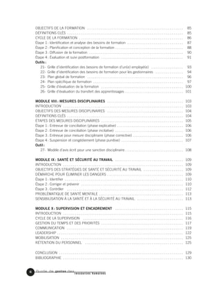 Guide de gestion des
ressources humaines
6
OBJECTIFS DE LA FORMATION . . . . . . . . . . . . . . . . . . . . . . . . . . . . . . . . . . . . . . . . . . . . . . . . 85
DÉFINITIONS CLÉS . . . . . . . . . . . . . . . . . . . . . . . . . . . . . . . . . . . . . . . . . . . . . . . . . . . . . . . . . . 85
CYCLE DE LA FORMATION . . . . . . . . . . . . . . . . . . . . . . . . . . . . . . . . . . . . . . . . . . . . . . . . . . . . 86
Étape 1: Identification et analyse des besoins de formation . . . . . . . . . . . . . . . . . . . . . . . . . . . . 87
Étape 2: Planification et conception de la formation . . . . . . . . . . . . . . . . . . . . . . . . . . . . . . . . . . 88
Étape 3: Diffusion de la formation . . . . . . . . . . . . . . . . . . . . . . . . . . . . . . . . . . . . . . . . . . . . . . . 90
Étape 4: Évaluation et suivi postformation . . . . . . . . . . . . . . . . . . . . . . . . . . . . . . . . . . . . . . . . . 91
Outils :
21- Grille d’identification des besoins de formation d’un(e) employé(e) . . . . . . . . . . . . . . . . 93
22- Grille d’identification des besoins de formation pour les gestionnaires . . . . . . . . . . . . . . 94
23- Plan global de formation . . . . . . . . . . . . . . . . . . . . . . . . . . . . . . . . . . . . . . . . . . . . . . . . 96
24- Plan spécifique de formation . . . . . . . . . . . . . . . . . . . . . . . . . . . . . . . . . . . . . . . . . . . . . 97
25- Grille d’évaluation de la formation . . . . . . . . . . . . . . . . . . . . . . . . . . . . . . . . . . . . . . . . . 100
26- Grille d’évaluation du transfert des apprentissages . . . . . . . . . . . . . . . . . . . . . . . . . . . . . 101
MODULE VIII : MESURES DISCIPLINAIRES . . . . . . . . . . . . . . . . . . . . . . . . . . . . . . . . . . . . . . 103
INTRODUCTION . . . . . . . . . . . . . . . . . . . . . . . . . . . . . . . . . . . . . . . . . . . . . . . . . . . . . . . . . . . . 103
OBJECTIFS DES MESURES DISCIPLINAIRES . . . . . . . . . . . . . . . . . . . . . . . . . . . . . . . . . . . . . . 104
DÉFINITIONS CLÉS . . . . . . . . . . . . . . . . . . . . . . . . . . . . . . . . . . . . . . . . . . . . . . . . . . . . . . . . . . 104
ÉTAPES DES MESURES DISCIPLINAIRES . . . . . . . . . . . . . . . . . . . . . . . . . . . . . . . . . . . . . . . . . 105
Étape 1: Entrevue de conciliation (phase explicative) . . . . . . . . . . . . . . . . . . . . . . . . . . . . . . . . . 106
Étape 2: Entrevue de conciliation (phase incitative) . . . . . . . . . . . . . . . . . . . . . . . . . . . . . . . . . . 106
Étape 3: Entrevue pour mesure disciplinaire (phase corrective) . . . . . . . . . . . . . . . . . . . . . . . . . 106
Étape 4: Suspension et congédiement (phase punitive) . . . . . . . . . . . . . . . . . . . . . . . . . . . . . . . 107
Outil :
27- Modèle d’avis écrit pour une sanction disciplinaire . . . . . . . . . . . . . . . . . . . . . . . . . . . . . 108
MODULE IX : SANTÉ ET SÉCURITÉ AU TRAVAIL . . . . . . . . . . . . . . . . . . . . . . . . . . . . . . . . . . 109
INTRODUCTION . . . . . . . . . . . . . . . . . . . . . . . . . . . . . . . . . . . . . . . . . . . . . . . . . . . . . . . . . . . . 109
OBJECTIFS DES STRATÉGIES DE SANTÉ ET SÉCURITÉ AU TRAVAIL . . . . . . . . . . . . . . . . . . . . 109
DÉMARCHE POUR ÉLIMINER LES DANGERS . . . . . . . . . . . . . . . . . . . . . . . . . . . . . . . . . . . . . . 109
Étape 1: Identifier . . . . . . . . . . . . . . . . . . . . . . . . . . . . . . . . . . . . . . . . . . . . . . . . . . . . . . . . . . . 110
Étape 2: Corriger et prévenir . . . . . . . . . . . . . . . . . . . . . . . . . . . . . . . . . . . . . . . . . . . . . . . . . . . 110
Étape 3: Contrôler . . . . . . . . . . . . . . . . . . . . . . . . . . . . . . . . . . . . . . . . . . . . . . . . . . . . . . . . . . 112
PROBLÉMATIQUE DE SANTÉ MENTALE . . . . . . . . . . . . . . . . . . . . . . . . . . . . . . . . . . . . . . . . . . 113
SENSIBILISATION À LA SANTÉ ET À LA SÉCURITÉ AU TRAVAIL . . . . . . . . . . . . . . . . . . . . . . . 113
MODULE X : SUPERVISION ET ENCADREMENT . . . . . . . . . . . . . . . . . . . . . . . . . . . . . . . . . . 115
INTRODUCTION . . . . . . . . . . . . . . . . . . . . . . . . . . . . . . . . . . . . . . . . . . . . . . . . . . . . . . . . . . . . 115
CYCLE DE LA SUPERVISION . . . . . . . . . . . . . . . . . . . . . . . . . . . . . . . . . . . . . . . . . . . . . . . . . . 116
GESTION DU TEMPS ET DES PRIORITÉS . . . . . . . . . . . . . . . . . . . . . . . . . . . . . . . . . . . . . . . . . 117
COMMUNICATION . . . . . . . . . . . . . . . . . . . . . . . . . . . . . . . . . . . . . . . . . . . . . . . . . . . . . . . . . . 119
LEADERSHIP . . . . . . . . . . . . . . . . . . . . . . . . . . . . . . . . . . . . . . . . . . . . . . . . . . . . . . . . . . . . . . . 122
MOBILISATION . . . . . . . . . . . . . . . . . . . . . . . . . . . . . . . . . . . . . . . . . . . . . . . . . . . . . . . . . . . . . 125
RÉTENTION DU PERSONNEL . . . . . . . . . . . . . . . . . . . . . . . . . . . . . . . . . . . . . . . . . . . . . . . . . 125
CONCLUSION . . . . . . . . . . . . . . . . . . . . . . . . . . . . . . . . . . . . . . . . . . . . . . . . . . . . . . . . . . . . . . 129
BIBLIOGRAPHIE . . . . . . . . . . . . . . . . . . . . . . . . . . . . . . . . . . . . . . . . . . . . . . . . . . . . . . . . . . . . 130
 