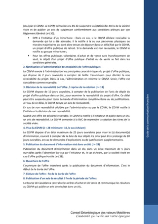 (JAL) par le CDVM. Le CDVM demande à la BV de suspendre la cotation des titres de la société
visée et de publier un avis de suspension conformément aux conditions prévues par son
Règlement Général (art 30).
        OPR à l’initiative d’un minoritaire : Dans ce cas, si le CDVM déclare recevable la
         demande qui lui a été adressée, il la notifie à la ou aux personnes physiques ou
         morales majoritaires qui sont alors tenues de déposer dans un délai fixé par le CDVM,
         un projet d’offre publique de retrait. Si la demande est non recevable, le CDVM le
         notifie au groupe minoritaire ;
        Pour les offres publiques volontaires d’achat et de vente sans franchissement de
         seuil, le dépôt d’un projet d’offre publique d’achat ou de vente se fait dans les
         conditions générales.
2. Notification à l’administration des modalités de l’offre publique :
Le CDVM envoie à l’administration les principales caractéristiques du projet d’offre publique,
qui dispose de 2 jours ouvrables à compter de ladite transmission pour décider la non
recevabilité du projet. Dans ce cas, l’administration en informe le CDVM. Sinon, l’offre est
considérée comme recevable.
3. Décision de la recevabilité de l’offre / reprise de la cotation (J + 13)
Le CDVM dispose de 10 jours ouvrables, à compter de la publication de l’avis de dépôt du
projet d’offre publique dans un JAL, pour examiner la recevabilité du projet d’offre. Ce délai




                                                                                                   Guide de la communication financière
peut être suspendu pour toute demande d’information complémentaire ou de justifications.
A l’issu de ce délai, le CDVM délivre un avis de recevabilité.
En cas de non recevabilité décidée par l’administration ou par le CDVM, le CDVM notifie à
l’initiateur la décision de non recevabilité.
Quand une offre est déclarée recevable, le CDVM la notifie à l’initiateur et publie dans un JAL
un avis de recevabilité. Le CDVM demande à la BVC de reprendre la cotation des titres de la
société visée.
4. Visa du CDVM (J + 28 minimum+ 10, le cas échéant)
Le CDVM dispose d’un délai maximum de 25 jours ouvrables pour viser le (s) document(s)
d’information, courant à compter de la date de leur dépôt. Ce délai peut être prolongé de 10
jours ouvrables, en cas de demandes d’explications ou de justifications supplémentaires.
5. Publication du document d’information visé dans un JAL (J + 33)
Publication du document d’information dans un JAL dans un délai maximum de 5 jours
ouvrables après l’obtention du visa par l’initiateur et, le cas échéant, par la société visée en
cas d’offre publique hostile (art 38).
6. Ouverture de l’offre
L’ouverture de l’offre intervient après la publication du document d’information. C’est le
début de la durée de l’offre.
7. Clôture de l’offre : fin de la durée de l’offre
8. Publication d’un avis de résultat / fin de la période de l’offre :
La Bourse de Casablanca centralise les ordres d’achat et de vente et communique les résultats
au CDVM qui publie un avis de résultat dans un JAL.




                                             Conseil Déontologique des valeurs Mobilières
                                                     L’autorité qui veille sur votre épargne
 
