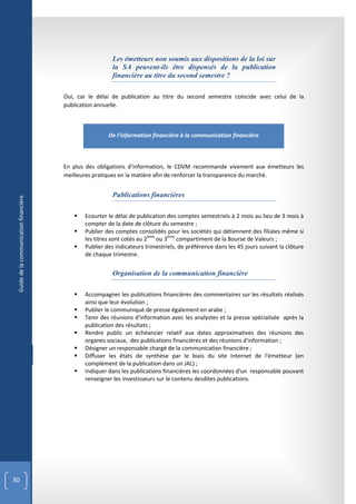 Les émetteurs non soumis aux dispositions de la loi sur
                                                          la SA peuvent-ils être dispensés de la publication
                                                          financière au titre du second semestre ?

                                        Oui, car le délai de publication au titre du second semestre coïncide avec celui de la
                                        publication annuelle.



                                                        De l’information financière à la communication financière



                                        En plus des obligations d’information, le CDVM recommande vivement aux émetteurs les
                                        meilleures pratiques en la matière afin de renforcer la transparence du marché.


                                                          Publications financières
 Guide de la communication financière




                                              Ecourter le délai de publication des comptes semestriels à 2 mois au lieu de 3 mois à
                                               compter de la date de clôture du semestre ;
                                              Publier des comptes consolidés pour les sociétés qui détiennent des filiales même si
                                               les titres sont cotés au 2ème ou 3ème compartiment de la Bourse de Valeurs ;
                                              Publier des indicateurs trimestriels, de préférence dans les 45 jours suivant la clôture
                                               de chaque trimestre.


                                                          Organisation de la communication financière

                                              Accompagner les publications financières des commentaires sur les résultats réalisés
                                               ainsi que leur évolution ;
                                              Publier le communiqué de presse également en arabe ;
                                              Tenir des réunions d'information avec les analystes et la presse spécialisée après la
                                               publication des résultats ;
                                              Rendre public un échéancier relatif aux dates approximatives des réunions des
                                               organes sociaux, des publications financières et des réunions d'information ;
                                              Désigner un responsable chargé de la communication financière ;
                                              Diffuser les états de synthèse par le biais du site Internet de l'émetteur (en
                                               complément de la publication dans un JAL) ;
                                              Indiquer dans les publications financières les coordonnées d'un responsable pouvant
                                               renseigner les investisseurs sur le contenu desdites publications.




30
 