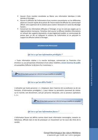      Assurer d’une manière simultanée au Maroc une information identique à celle
          donnée à l’étranger ;
         Assurer la diffusion de l’information d’une manière concomitante sur les différentes
          places et s’assurer auprès de la presse de l’heure exacte de diffusion du communiqué
          officiel. Une suspension de la cotation peut s’avérer nécessaire en raison du décalage
          horaire ;
         Concernant les informations diffusées à l’étranger, et qui ne sont pas exigées par la
          réglementation marocaine, l’émetteur doit assurer la diffusion desdites informations
          en utilisant des supports équivalents, et peut également publier un communiqué de
          presse dans un JAL en indiquant le contenu de l’information et en précisant le
          support de diffusion utilisé à l’étranger.



                                    INFORMATION PRIVILEGIEE




                      Qu’est ce qu’une information privilégiée ?




                                                                                                       Guide de la communication financière
« Toute information relative à la marche technique, commerciale ou financière d’un
émetteur ou aux perspectives d'évolution d’une valeur mobilière, encore inconnue du public
et susceptible d'affecter la décision d'un investisseur ».




        Art.25 du Dahir portant loi 1-93-212 tel que modifié et complété



                      Qu’est ce qu’un délit d’initié ?

L’utilisation par toute personne « (…) disposant, dans l’exercice de sa profession ou de ses
fonctions, d’informations privilégiées (…) pour réaliser ou permettre sciemment de réaliser
sur le marché, soit directement, soit par personne interposée, une ou plusieurs opérations
(...) ».


                                    Art.25 du Dahir portant loi 1-93-212 tel que modifié et complété




                      Qu’est ce qu’une information fausse ?

L’information fausse est définie comme étant toute information mensongère, inexacte ou
fallacieuse, diffusée dans le but de provoquer un mouvement sur les cours des titres de la
société.




                                             Conseil Déontologique des valeurs Mobilières
                                                  L’autorité qui veille sur votre épargne
 