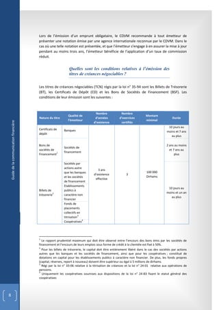 Lors de l’émission d’un emprunt obligataire, le CDVM recommande à tout émetteur de
                                           présenter une notation émise par une agence internationale reconnue par le CDVM. Dans le
                                           cas où une telle notation est présentée, et que l’émetteur s’engage à en assurer la mise à jour
                                           pendant au moins trois ans, l’émetteur bénéficie de l’application d’un taux de commission
                                           réduit.


                                                                 Quelles sont les conditions relatives à l’émission des
                                                                 titres de créances négociables ?

                                           Les titres de créances négociables (TCN) régis par la loi n° 35-94 sont les Billets de Trésorerie
                                           (BT), les Certificats de Dépôt (CD) et les Bons de Sociétés de Financement (BSF). Les
                                           conditions de leur émission sont les suivantes :



                                                                                    Nombre             Nombre
                                                                Qualité de                                                Montant
                                           Nature du titre                          d’années          d’exercices                             Durée
                                                                l’émetteur                                                minimal
    Guide de la communication financière




                                                                                   d’existence         certifiés
                                                                                                                                           10 jours au
                                           Certificats de    Banques                                                                      moins et 7 ans
                                           dépôt
                                                                                                                                             au plus

                                           Bons de                                                                                       2 ans au moins
                                                             Sociétés de
                                           sociétés de                                                                                     et 7 ans au
                                                       1     financement
                                           Financement                                                                                         plus

                                                             Sociétés par
                                                             actions autre
                                                                                      3 ans
                                                             que les banques                                              100 000
                                                                                   d’existence             3
                                                             et les sociétés                                              Dirhams
                                                                                    effective
                                                             de financement
                                                             Etablissements
                                                                                                                                          10 jours au
                                           Billets de        publics à
                                                      2                                                                                  moins et un an
                                           trésorerie        caractère non
                                                                                                                                            au plus
                                                             financier
                                                             Fonds de
                                                             placements
                                                             collectifs en
                                                                         3
                                                             titrisation
                                                                           4
                                                             Coopératives




                                           1
                                             Le rapport prudentiel maximum qui doit être observé entre l’encours des bons émis par les sociétés de
                                           financement et l’encours de leurs emplois sous forme de crédit à la clientèle est fixé à 50%.
                                           2
                                             Pour les billets de trésorerie, le capital doit être entièrement libéré dans le cas des sociétés par actions
                                           autres que les banques et les sociétés de financement, ainsi que pour les coopératives ; constitué de
                                           dotations en capital pour les établissements publics à caractère non financier. De plus, les fonds propres
                                           (capital, réserves, report à nouveau) doivent être supérieur ou égal à 5 millions de dirhams.
                                           3
                                             Régi par la loi n° 33-06 relative à la titrisation de créances et la loi n° 24-01 relative aux opérations de
                                           pensions.
                                           4
                                             Uniquement les coopératives soumises aux dispositions de la loi n° 24-83 fixant le statut général des
                                           coopératives




8
 