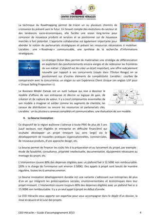 CEEI Héraclès – Guide d’accompagnement 2013 4
La technique du Roadmapping permet de tracer un ou plusieurs chemins de
croissance du présent vers le futur. En tenant compte des évolutions du secteur et
des tendances socio-économiques, elle facilite une vision long-terme pour
concevoir de nouveaux produits et services et se positionner sur de nouveaux
marchés à fort potentiel. L’approche collaborative est également importante pour
aborder la notion de partenariats stratégiques et prévoir les ressources nécessaires à mobiliser.
Livrables : une « Roadmap » communicable, une synthèse de la recherche d’informations
stratégiques.
La stratégie Océan Bleu permet de matérialiser une stratégie de différenciation
en exploitant des positionnements encore vierges et de redessiner les frontières
de son métier. L’objectif est de créer un écart important, une offre radicalement
nouvelle par rapport à ses concurrents (noyés dans l’Océan Rouge) en se
positionnant sur d’autres éléments de compétitivité. Livrables : courbes de
comparaison avec la concurrence, un slogan ou son Expérience Client Unique (en anglais USP pour
« Unique Selling Proposition »).
Le Business Model Canvas est un outil ludique qui vise à dessiner le
modèle d’affaire de son entreprise et décrire sa logique de gain, de
création et de capture de valeur. Il y a neuf composantes essentielles de
son modèle à imaginer et valider comme les segments de clientèle, les
canaux de distribution ou encore les ressources et partenariats clés.
Livrables : un ou plusieurs canevas complétés et communicables, une évaluation de son modèle.
4. La bourse innovation
Ce dispositif de la région wallonne s’adresse à toute PME de plus de 3 ans
(sauf secteurs non éligibles et entreprise en difficulté financière) qui
souhaite développer un projet innovant (au sens large) via le
développement de nouvelles pratiques organisationnelles, commerciales,
de nouveaux produits, d’une approche design, etc.
La bourse permet de financer les coûts liés à la préparation et au lancement du projet, par exemple :
étude de faisabilité, consultance, propriété intellectuelle, documentation, équipement nécessaire au
montage du projet, etc.
L’intervention couvre 80% des dépenses éligibles avec un plafond fixé à 12.500€ non remboursable.
(20% à la charge de l’entreprise soit environ 2.500€). Des appels à projet sont lancés de manière
régulière, toutes les 6 semaines environ.
La bourse innovation développement durable est une variante s’adressant aux entreprises de plus
d’un an qui intègrent les préoccupations sociales, environnementales et économiques dans leur
projet innovant. L’intervention couvre toujours 80% des dépenses éligibles avec un plafond fixé ici à
15.000€ non remboursable. Il y a un seul appel à projet en début d’année.
Le CEEI Héraclès vous apporte son expertise pour vous accompagner dans le dépôt d’un dossier, la
mise en œuvre et le suivi des projets.
 