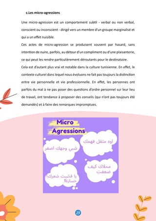 29
30
c.Les micro-agressions
Une micro-agression est un comportement sub�l - verbal ou non verbal,
conscient ou inconscient - dirigé vers un membre d'un groupe marginalisé et
qui a un eﬀet nuisible.
Ces actes de micro-agression se produisent souvent par hasard, sans
inten�on de nuire, parfois, au détour d’un compliment ou d’une plaisanterie,
ce qui peut les rendre par�culièrement déroutants pour le des�nataire.
Cela est d’autant plus vrai et notable dans la culture tunisienne. En eﬀet, le
contexte culturel dans lequel nous évoluons ne fait pas toujours la dis�nc�on
entre vie personnelle et vie professionnelle. En eﬀet, les personnes ont
parfois du mal à ne pas poser des ques�ons d’ordre personnel sur leur lieu
de travail, ont tendance à proposer des conseils (qui n’ont pas toujours été
demandés) et à faire des remarques impromptues.
conscient ou inconscient - dirigé vers un membre d'un groupe marginalisé
qui a un eﬀet nuisible.
Ces actes de micro-agression se produisent souvent par hasard, sa
nten�on de nuire, parfois, au détour d’un compliment ou d’une plaisante
ce qui peut les rendre par�culièrement déroutants pour le des�nataire.
Cela est d’autant plus vrai et notable dans la culture tunisienne. En eﬀet
contexte culturel dans lequel nous évoluons ne fait pas toujours la dis�nc�
entre vie personnelle et vie professionnelle. En eﬀet, les personnes
parfois du mal à ne pas poser des ques�ons d’ordre personnel sur leur l
de travail, ont tendance à proposer des conseils (qui n’ont pas toujours
demandés) et à faire des remarques impromptues.

 