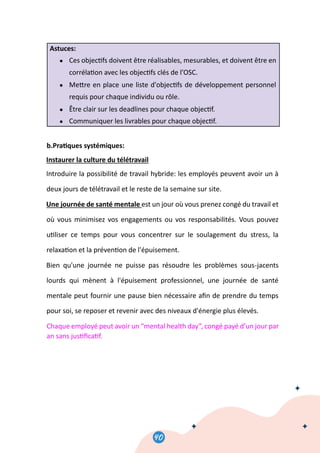 42
Astuces:
● Ces objec�fs doivent être réalisables, mesurables, et doivent être en
corréla�on avec les objec�fs clés de l’OSC.
● Me�re en place une liste d'objec�fs de développement personnel
requis pour chaque individu ou rôle.
● Être clair sur les deadlines pour chaque objec�f.
● Communiquer les livrables pour chaque objec�f.
b.Pra�ques systémiques:
Instaurer la culture du télétravail
Introduire la possibilité de travail hybride: les employés peuvent avoir un à
deux jours de télétravail et le reste de la semaine sur site.
Une journée de santé mentale est un jour où vous prenez congé du travail et
où vous minimisez vos engagements ou vos responsabilités. Vous pouvez
u�liser ce temps pour vous concentrer sur le soulagement du stress, la
relaxa�on et la préven�on de l'épuisement.
Bien qu'une journée ne puisse pas résoudre les problèmes sous-jacents
lourds qui mènent à l'épuisement professionnel, une journée de santé
mentale peut fournir une pause bien nécessaire aﬁn de prendre du temps
pour soi, se reposer et revenir avec des niveaux d'énergie plus élevés.
Chaque employé peut avoir un “mental health day”, congé payé d’un jour par
an sans jus�ﬁca�f.
40
 