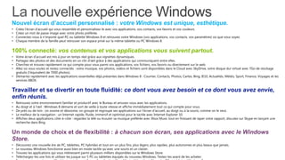 Nouvel écran d’accueil personnalisé : votre Windows est unique, esthétique.
•   Créez l'écran d'accueil qui vous ressemble et personnalisez-le avec vos applications, vos contacts, vos favoris et vos couleurs.
•   Créez un mot de passe image avec votre photo préférée.
•   Connectez-vous à n’importe quel PC ou tablette Windows 8 et retrouvez votre Windows (vos applications, vos contacts, vos paramètres) où que vous soyez.
•   Chaque membre de la famille peut retrouver son espace privé sur la même tablette ou PC Windows 8.


100% connecté: vos contenus et vos applications vous suivent partout.
• Votre écran d’accueil est mis à jour en temps réel grâce aux vignettes dynamiques.
• Partagez des photos et des documents en un clin d’œil grâce à des applications qui communiquent entre elles.
• Cherchez et trouvez rapidement ce qui compte pour vous parmi vos applications, vos fichiers, vos favoris ou directement sur le web.
• Allez où vous voulez et restez connectés : votre musique, vos photos, vidéos et fichiers sont disponibles dans le Cloud avec SkyDrive, votre disque dur virtuel avec 7Go de stockage
  gratuits (l’équivalent de 7000 photos).
• Démarrez rapidement avec les applications essentielles déjà présentes dans Windows 8 : Courrier, Contacts, Photos, Cartes, Bing, IE10, Actualités, Météo, Sport, Finance, Voyages et les
  services XBOX.


Travailler et se divertir en toute fluidité: ce dont vous avez besoin et ce dont vous avez envie,
enfin réunis.
•   Retrouvez votre environnement familier et productif avec le Bureau et amusez-vous avec les applications.
•   Au doigt et à l’œil : Windows 8 démarre et sort de veille à toute vitesse et affiche immédiatement tout ce qui compte pour vous.
•   De près ou de loin : on zoome et dézoome, on groupe et regroupe ses applications sur l’écran d’accueil, au doigt ou à la souris, comme on le veut.
•   Le meilleur de la navigation : un Internet rapide, fluide, immersif et optimisé pour le tactile avec Internet Explorer 10.
•   Affichez deux applications côte-à-côte : regardez la télé ou écouter sa musique préférée avec Xbox Music tout en finissant de taper votre rapport, discutez sur Skype en lançant une
    recherche dans Bing.


Un monde de choix et de flexibilité : à chacun son écran, ses applications avec le Windows
Store.
•   Découvrez une nouvelle ère de PC, tablettes, PC hybrides et tout-en-un plus fins, plus légers, plus rapides, plus autonomes et plus beaux que jamais.
•   Le nouveau Windows fonctionne aussi bien en mode tactile qu'avec une souris et un clavier.
•   Trouvez les applications qui vous intéressent parmi plusieurs milliers disponibles sur le Windows Store.
•   Téléchargez-les une fois et utilisez-les jusque sur 5 PC ou tablettes équipés du nouveau Windows. Testez-les avant de les acheter.
 