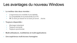 Les avantages du nouveau Windows
• Le meilleur des deux mondes :
   •
   •
   •

• Toujours disponible :
   •
   •
   •

• Multi-utilisateurs, multitâches et multi-applications

• Une expérience multi-écrans homogène
 