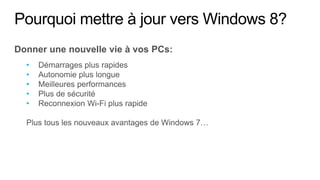 Pourquoi mettre à jour vers Windows 8?
Donner une nouvelle vie à vos PCs:
  •
  •
  •
  •
  •
 