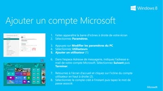 Ajouter un compte Microsoft
                  1. Faites apparaître la barre d’icônes à droite de votre écran
                  2. Sélectionnez Paramètres.

                  3. Appuyez sur Modifier les paramètres du PC
      (1)         4. Sélectionnez Utilisateurs
                  5. Ajouter un utilisateur (1)

            (2)   6. Dans l’espace Adresse de messagerie, indiquez l’adresse e-
                     mail de votre compte Microsoft. Sélectionnez Suivant puis
                     Terminer.

                  7. Retournez à l’écran d’accueil et cliquez sur l’icône du compte
                     utilisateur en haut à droite (2).
                  8. Sélectionnez le compte créé à l’instant puis tapez le mot de
                     passe associé.
 