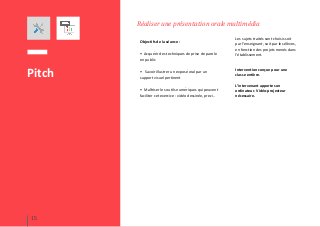 Réaliser une présentation orale multimédia
Pitch
15
Objectifs de la séance :
• Acquérir des techniques de prise de parole
en public
• Savoir illustrer un exposé oral par un
support visuel pertinent
• Maîtriser les outils numériques qui peuvent
faciliter cet exercice : vidéo dessinée, prezi..
Les sujets traités sont choisis soit
par l’enseignant, soit par les élèves,
en fonction des projets menés dans
l’établissement.
Intervention conçue pour une
classe entière.
L’intervenant apporte son
ordinateur. Vidéo-projecteur
nécessaire.
 