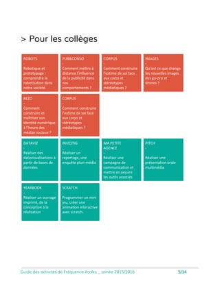 Produire
en classe
Chacune des séances dure en moyenne deux
heures, parfois moins pour les collégiens et les
primaires. En fonction de l’objectif de
finalisation et du budget de l’établissement, le
programme peut s’adapter.
Un vidéo-projecteur est toujours nécessaire. L’
intervenant viendra avec du matériel de
tournage, montage, en fonction... L’accès a la
salle informatique de l’établissement sera
nécessaire. Les logiciels de conception utilisés
sont disponibles dans le cloud. Sauf exception,
il n’y aura qu’un intervenant par classe. Un
programme d’évaluation des compétences
permettra de mesurer l’impact des
interventions.
Pour tous
les âges Lycées
Dataviz
Réaliser des
datavisualisations à
partir de bases de
données
Pitch
Réaliser une
présentation orale
multimédia
Le mag vidéo
Animer et réaliser un
magazine TV sur un
thème choisi :
reportages vidéos +
présentation
Investig
Réaliser un reportage,
une enquête pluri-
média.
(Au format vidéo ou
presse écrite)
Yearbook
Réaliser un ouvrage
imprimé, de la
conception à la
réalisation
Ma petite
agence
Réaliser une campagne
de communication et
mettre en oeuvre les
outils associés
Code is cool
Coder un mini jeu avec
scratch
6
 