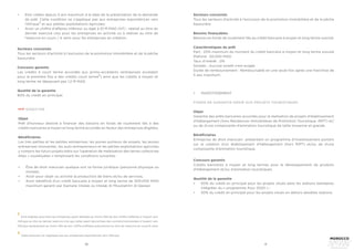 30 31
Secteurs concernés 
Tous les secteurs d’activité à l’exclusion de la promotion immobilière et de la pêche
hauturière
Concours garantis 
Les crédits à court terme accordés aux primo-accédants (entreprises accédant
pour la première fois à des crédits court terme
6
) ainsi que les crédits à moyen et
long terme ne dépassant pas 1,2 M MAD.
Quotité de la garantie 
80% du crédit en principal.
5
Sont éligibles aussi bien les entreprises ayant réalisées au moins 20% de leur chiffre d’affaires à l’export vers
l’Afrique au titre du dernier exercice clos que celles ayant décrochées des contrats/commandes à l’export vers
l’Afrique représentant au moins 10% de leur chiffre d’affaires prévisionnel au titre de l’exercice en cours/à venir
6
Cette exclusion ne s’applique pas aux entreprises exportatrices vers l’Afrique.
NEW START-TPE
Objet 
Prêt d’honneur destiné à financer des besoins en fonds de roulement liés à des
crédits bancaires à moyen et long terme accordés en faveur des entreprises éligibles.
Bénéficiaires 
Les très petites et les petites entreprises, les jeunes porteurs de projets, les jeunes
entreprises innovantes, les auto-entrepreneurs et les petites exploitations agricoles
y compris les futurs projets bâtis sur l’opération de melkisation des terres collectives
dites « soulaliyates » remplissant les conditions suivantes :
Secteurs concernés 
Tous les secteurs d’activité à l’exclusion de la promotion immobilière et de la pêche
hauturière
Besoins finançables 
Besoins en fonds de roulement liés au crédit bancaire à moyen et long terme susvisé.
Caractéristiques du prêt
Part : 20% maximum du montant du crédit bancaire à moyen et long terme susvisé
Plafond : 50.000 MAD
Taux d’intérêt : 0%
Sûretés : Aucune sûreté n’est exigée
Durée de remboursement : Remboursable en une seule fois après une franchise de
5 ans maximum.
•	 Être de droit marocain quelque soit sa forme juridique (personne physique ou
morale),
•	 Avoir pour objet ou activité la production de biens et/ou de services,
•	 Avoir bénéficié d’un crédit bancaire à moyen et long terme de 300.000 MAD
maximum garanti par Damane Intelak ou Intelak Al Moustatmir Al Qarawi.
•	 	INVESTISSEMENT
FONDS DE GARANTIE DÉDIÉ AUX PROJETS TOURISTIQUES
Objet 
Garantie des prêts bancaires accordés pour la réalisation de projets d’établissement
d’hébergement (hors Résidences Immobilières de Promotion Touristique -RIPT) et/
ou de d’une composante d’animation touristique de taille moyenne et grande.
Bénéficiaires 
Entreprise de droit marocain  présentant un programme d’investissement portant
sur la création d’un établissement d’hébergement (hors RIPT) et/ou de d’une
composante d’animation touristique.
•	 Etre créées depuis 5 ans maximum à la date de la présentation de la demande
de prêt. Cette condition ne s’applique pas aux entreprises exportatrices vers
l’Afrique
5
et aux petites exploitations agricoles;
•	 Avoir un chiffre d’affaires inférieur ou égal à 10 M MAD (HT) : réalisé au titre du
dernier exercice clos pour les entreprises en activité ou à réaliser au titre de
l’exercice en cours / à venir pour les entreprises en création.
Concours garantis 
Crédits bancaires à moyen et long termes pour le développement de produits
d’hébergement et/ou d’animation touristiques.
Quotité de la garantie 
•	 	
60% du crédit en principal pour les projets situés dans les stations balnéaires
intégrées du « programme Azur 2020 » ;
•	 	
50% du crédit en principal pour les projets situés en dehors desdites stations.
 