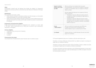 34 35
MDN INVEST
Objet
Financement conjoint avec les banques des projets de création ou d’extension
d’entreprises promues au Maroc, directement par des Marocains Résidant à l’Etranger
(MRE).
Bénéficiaires
Pour bénéficier du Fonds, il suffit :
•	 D’être marocain résidant à l’étranger justifiant d’un titre de séjour ou d’une pièce
d’identité étrangère ou d’une carte consulaire valide ;
•	 D’être marocain ayant résidé à l’étranger et effectué un retour définitif durant une
période maximale d’une année avant la date de dépôt du projet d’investissement
à la banque.
Programmes d’investissement éligibles
Projet d’investissement de création ou d’extension d’un montant au moins égal
à 1M MAD promu directement par un MRE seul ou associé à des investisseurs
marocains ou étrangers.
Secteurs éligibles
•	 L’industrie et les services liés à l’industrie,
•	 L’éducation,
•	 L’hôtellerie
•	 La santé.
Finanacement des projets
Les programmes d’investissement seront financés selon le schéma suivant :
Apport en fonds
propres de la part
du MRE
Fonds
‘‘ MDM INVEST ‘‘
Le reliquat
25% au minimum du montant total du projet
d’investissement, sous forme d’un apport en devises
à verser ou à transférer dans un compte en dirhams
dédié au projet.
Peuvent également être pris en compte au titre de
cette quote-part :
•	 Transferts en devises effectués antérieurement
au dépôt du projet à la banque et logés dans un
compte devises,
•	 Transferts en devises effectués durant l’année
précédant la date du dépôt du projet à la banque
et logés dans un compte en dirhams convertibles
dédié au projet (1).
10% du montant de la quote-part des MRE dans
le projet sous forme d’une contribution non
remboursable (2) avec un plafond de 5 M MAD.
Financé soit par un crédit bancaire soit par tout autre
apport en numéraire
(1) Peuvent également être pris en compte au titre de cette quote- part :
Transferts en devises effectués antérieurement au dépôt du projet à la banque et
logés dans un compte en devises ;
Transferts en devises effectués durant l’année précédant la date du dépôt du projet
à la banque et logés dans un compte en dirhams convertibles.
(2) Cette contribution doit être restituée en cas de désinvestissement au cours des 5
premières années à partir de la date de déblocage par le MRE de l’apport minimum
en fonds propres en devises.
 