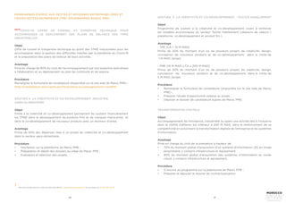 40 41
PROGRAMMES D’APPUI
7
AUX PETITES ET MOYENNES ENTREPRISES (PME) ET
TOUTES PETITES ENTREPRISES (TPE) (PROGRAMMES MAROC PME)
NEW
COVID-19: OFFRE DE CONSEIL ET EXPERTISE TECHNIQUE POUR
ACCOMPAGNER LE DEPLOIEMENT DES PLANS DE RELANCE DES TPME
INDUSTRIELLES
Objet 
Offre de conseil et d’expertise technique au profit des TPME industrielles pour les
accompagner dans la gestion des difficultés induites par la pandémie du Covid-19
et la préparation des plans de relance de leurs activités.
Avantage 	
Prise en charge de 80% du coût de l’accompagnement par une expertise spécialisée
à l’élaboration et au déploiement du plan de continuité et de relance.
Procédure 	
Renseigner le formulaire de candidature (disponible sur le site web de Maroc PME) :
http://candidature.marocpme.ma/formulaire-accompagnement-covid19/
SOUTIEN À LA CRÉATIVITÉ ET CO-DÉVELOPPEMENT- INDUSTRIE
AGRO-ALIMENTAIRE
Objet 
Prime à la créativité et co-développement permettant de soutenir financièrement
les TPME dans le développement de produits finis et de marques marocaines et
dans le co-développement de nouveaux produits avec un donneur d’ordre.
Avantage 	
Prime de 50% des dépenses liées à un projet de créativité et co-développement
dans le secteur agro-alimentaire.
Procédure 	
•	 	
Inscription sur la plateforme de Maroc PME ;
•	 Préparation et dépôt des dossiers au siège de Maroc PME ;
•	 Evaluation et sélection des projets.
7
Pour plus d’informations, visitez le site web officiel : www.marocpme.gov.ma Ou contactez le : 0 802 00 00 05
SOUTIEN À LA CRÉATIVITÉ ET CO-DÉVELOPPEMENT - TEXTILE HABILLEMENT
Objet 
Programme de soutien à la créativité et co-développement visant à renforcer
les modèles économiques du secteur Textile Habillement créateurs de valeurs (
plateforme, co-développement et produit fini ).
Avantage 	
- TPE (CA < 10 M MAD)
Prime de 50% du montant d’un ou de plusieurs projets de créativité, design,
conception de nouveaux produits et de co-développement, dans la limite de
1 M MAD /projet.
- PME (10 M MAD ≤ CA ≤ 200 M MAD)
Prime de 50% du montant d’un ou de plusieurs projets de créativité, design,
conception de nouveaux produits et de co-développement, dans la limite de
5 M MAD /projet.
Procédure 	
•	 	
Renseigner le formulaire de candidature (disponible sur le site web de Maroc
PME) ;
•	 	
Préparer l’étude d’opportunité relative au projet ;
•	 	
Déposer le dossier de candidature auprès de Maroc PME.
TRANSFORMATION DIGITALE
Objet 
Accompagnement de l’entreprise, industrielle ou ayant une activité liée à l’industrie
dont le chiffre d’affaires est inférieur à 200 M MAD, dans le renforcement de sa
compétitivité en actionnant la transformation digitale de l’entreprise et les systèmes
d’information.
Avantage 	
Prise en charge du coût de la prestation à hauteur de :
•	 	
70% du montant global d’acquisition d’un système d’information (SI) en mode
propriétaire, y compris infrastructure et équipement 
•	 	
80% du montant global d’acquisition des systèmes d’information en mode
cloud, y compris infrastructure et équipement.
Procédure 	
•	 	
S’inscrire au programme sur la plateforme de Maroc PME ;
•	 	
Préparer et déposer le dossier de contractualisation.
 