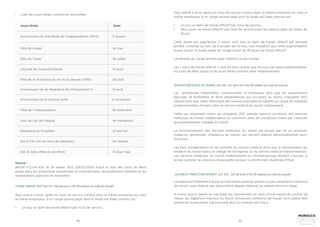 66 67
Jours fériés Date
Anniversaire du manifeste de l’indépendance (1944)
Anniversaire de la marche verte
Fête du travail
Fête de l’indépendance
Fête du Trône
Jour de l’an de l’hégire
Journée de Oued Ed-Dahab
Naissance du Prophète
Fête de la révolution du roi et du peuple (1953)
Aïd al Fitr (fin du mois de ramadan)
Anniversaire de Sa Majesté le Roi Mohammed VI
Aïd al Adha (fête du sacrifice)
11 janvier
6 novembre
1er mai
18 novembre
30 juillet
1er moharram
14 août
12 rabii 1er
20 août
1er chawal
21 août
10 doul hijja
•	 Liste des jours fériés, chômés et rémunérés
Source :
décret n°2-04-426 du 16 kaada 1425 (29/12/2004 fixant la liste des jours de fêtes
payés dans les entreprises industrielles et commerciales, les professions libérales et les
exploitations agricoles et forestières
CONGE ANNUEL PAYÉ (art.231-264 de la loi n°65-99 relative au code du travail)
Tout salarié a droit, après six mois de service continu dans la même entreprise ou chez le
même employeur, à un congé annuel payé dont la durée est fixée comme suit :
•	 un jour et demi de travail effectif par mois de service ;
•	 deux jours de travail effectif par mois de service pour les salariés âgés de moins de
18 ans.
Cette durée est augmentée à raison d’un jour et demi de travail effectif par période
entière, continue ou non, de 5 années de service, sans toutefois que cette augmentation
puisse porter la durée totale du congé à plus de 30 jours de travail effectif.
La période du congé annuel payé s’étend à toute l’année.
Les « jours de travail effectif » sont les jours autres que les jours de repos hebdomadaire,
les jours de fêtes payés et les jours fériés chômés dans l’établissement.
SERVICES MÉDICAUX DU TRAVAIL (art.304- 331 de la loi n°65-99 relative au code du travail)
Les entreprises industrielles, commerciales et d’artisanat ainsi que les exploitations
agricoles et forestières et leurs dépendances qui occupent au moins cinquante (50)
salariés ainsi que celles effectuant des travaux exposant les salariés au risque de maladies
professionnelles doivent créer un service médical du travail indépendant.
Celles qui emploient moins de cinquante (50) salariés doivent constituer des services
médicaux du travail indépendants ou communs dans les conditions fixées par l’autorité
gouvernementale chargée du travail.
Le fonctionnement des services médicaux du travail est assuré par un ou plusieurs
médecins dénommés «médecins du travail» qui doivent exercer personnellement leurs
fonctions.
Les frais d’organisation et de contrôle du service médical ainsi que la rémunération du
médecin du travail sont à la charge de l’entreprise ou du service médical interentreprises.
Les services médicaux du travail indépendants ou interentreprises doivent s’assurer, à
temps complet, le concours d’assistants sociaux ou d’infirmiers diplômés d’Etat.
SALAIRE ET PRIME D’ANCIENNETÉ (art. 345 - 355 de la loi n°65-99 relative au code du travail)
Le salaire est librement fixé par accord direct entre les parties ou par convention collective
de travail, sous réserve des dispositions légales relatives au salaire minimum légal.
A moins que le salaire ne soit basé sur l’ancienneté, en vertu d’une clause du contrat de
travail, du règlement intérieur ou d’une convention collective de travail, tout salarié doit
bénéficier d’une prime d’ancienneté dont le montant est fixé à :
Tout salarié a droit, après six mois de service continu dans la même entreprise ou chez
le même employeur, à un congé annuel payé dont la durée est fixée comme suit :
•	 un jour et demi de travail effectif par mois de service ;
 