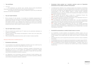 88 89
•	 Taux spécifiques
•	 15 % pour :
	 - les  entreprises  qui  exercent  leurs  activités  dans les zones d’accélération
industrielle, au-delà de la période de cinq (5) exercices d’exonération ;
	 - les sociétés de service ayant le statut «Casablanca Finance City», au-delà de la
période de 5 exercices d’exonération ;
•	 Taux de l’impôt forfaitaire
•	 8% du montant HT des marchés : les sociétés non résidentes adjudicataires de
marchés de travaux de construction ou de montage, exerçant une activité au Maroc,
peuvent être soumises, sur option, à l’IS au taux forfaitaire de 8% du montant hors
TVA desdits marchés. Il est libératoire de la retenue à la source sur les produits
bruts perçus par les sociétés étrangères et de l’impôt retenu à la source au titre des
produits des actions, parts sociales et revenus assimilés.
•	 Taux de l’impôt retenu à la source
•	 10% du montant des produits bruts HT perçus par les personnes physiques ou
morales non résidentes ;
•	 20% du montant HT des produits de placements à revenu fixe et les revenus des
certificats de Sukuk.
•	 15% du montant des produits des actions, parts sociales et revenus assimilés.
PRINCIPALES IMPOSITIONS ET EXONÉRATIONS DE L’IS
•	 Exonérations permanentes
•	 Les associations et les organismes légalement assimilés à but non lucratif, pour les
seules opérations conformes à l’objet défini dans leurs statuts.
•	 Les OPCI au titre de leurs activités et opérations réalisées conformément aux
dispositions de la loi n° 70-14 relative aux organismes de placement collectif
immobilier18, promulguée par le dahir n° 1-16-130 du 21 kaada 1437 (25 août 2016).
(sous réserve de respecter certaines conditions).
•	 Les fédérations et les associations sportives reconnues d’utilité publique, pour
l’ensemble de leurs activités ou opérations et pour les revenus éventuels y afférents
(sous réserve de respecter certaines conditions)
•	 Exonération totale pendant les 5 premiers exercices suivie de l’imposition
permanente au taux réduits au-delà de cette période
•	 Les établissements hôteliers et les sociétés de gestion des résidences immobilières
de promotion touristique ainsi que les établissements d’animation touristique dont
les activités sont fixées par voie réglementaire pour la partie de la base imposable
correspondant à leur chiffre d’affaires réalisé en devises dûment rapatriées
directement par eux ou pour leur compte, par des agences de voyage (sous réserve
de respecter certaines conditions)
•	
NEW
Les sociétés de services ayant le statut de « Casablanca Finance City
conformément à la législation et la réglementation en vigueur ;
•	
NEW
Les sociétés sportives constituées conformément « aux dispositions de la loi n°
30-09 relative à l’éducation physique et aux sports ;
•	
NEW
Les entreprises qui exercent leurs activités dans les zones d’accélération
industrielle (à l’exclusion des sociétés qui exercent leurs activités dans lesdites zones
dans le cadre d’un chantier «de travaux de construction ou de montage) ;
•	
NEW
L’Agence spéciale Tanger-Méditerranée, ainsi que « les sociétés intervenant
dans la réalisation, l’aménagement, « l’exploitation et l’entretien du projet de la zone
spéciale de « développement Tanger-Méditerranée et qui s’installent dans « les zones
d’accélération industrielle.
•	 Exonérations permanentes en matière d’impôt retenu à la source
•	 Les dividendes et autres produits de participation similaires versés, mis à la
disposition ou inscrits en compte par des sociétés soumises ou exonérées de l’impôt
sur les sociétés à des sociétés ayant leur siège social au Maroc et soumises audit
impôt ;
•	 les dividendes perçus par les organismes de placement collectif en valeurs mobilières
(O.P.C.V.M.) ;
•	 Les dividendes perçus par les organismes de placements en capital risque (O.P.C.R) ;
•	 Les dividendes perçus par les organismes de placement collectif immobilier (O.P.C.I) ;
•	
NEW
Les dividendes et autres produits de participations « similaires versés, mis à
la disposition ou inscrits en « compte par les sociétés ayant le statut «Casablanca
Finance City»
 