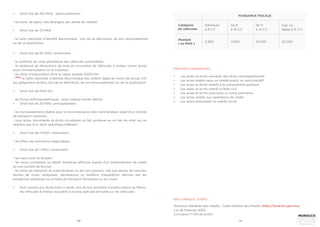 120 121
•	 Droit fixe de 100 MAD, particulièrement
- les titres de séjour des étrangers par année de validité.
•	 Droit fixe de 75 MAD :
- la carte nationale d’identité électronique : lors de sa délivrance, de son renouvellement
ou de sa duplication.
•	 Droit fixe de 50 MAD, notamment :
- le certificat de visite périodique des véhicules automobiles ;
- le récépissé de déclaration de mise en circulation de véhicules à moteur (carte grise)
pour l’immatriculation et la mutation :
- les titres d’importation dont la valeur excède 2.000 DH.
- NEW
la carte nationale d’identité électronique des enfants âgés de moins de douze (12)
ans grégoriens révolus, lors de sa délivrance, de son renouvellement ou de sa duplication.
•	 Droit fixe de MAD DH :
- les fiches anthropométriques : pour chaque extrait délivré.
•	 Droit fixe de 20 MAD, principalement :
- les connaissements établis pour la reconnaissance des marchandises objet d’un contrat
de transport maritime;
- tous actes, documents et écrits constatant un fait juridique ou un lien de droit qui ne
relèvent pas d’un droit spécifique différent ;
•	 Droit fixe de 5 MAD, notamment :
- les effets de commerce négociables ;
•	 Droit fixe de 1 MAD, notamment :
- les reçus purs et simples ;
- les reçus constatant un dépôt d’espèces effectué auprès d’un établissement de crédit
ou une société de bourse ;
- les titres de transport de marchandises ou de colis postaux, tels que lettres de voitures,
feuilles de route, récépissés, déclarations ou bulletins d’expédition délivrés par les
entreprises publiques ou privées de transport ferroviaire ou sur route.
•	 Sont soumis aux droits fixes ci-après, lors de leur première immatriculation au Maroc,
les véhicules à moteur assujettis à la taxe spéciale annuelle sur les véhicules :
PUISSANCE FISCALE
Catégorie
de véhicules
Inférieure
à 8 C.V
2.500 4.500 10.000 20.000
De 8
à 10 C.V
De 11
à 14 C.V
Sup. ou
égale à 15 C.V
Montant
( en MAD )
PRINCIPALES EXONÉRATIONS
•	 Les actes et écrits exonérés des droits d’enregistrement
•	 Les actes établis dans un intérêt public ou administratif
•	 Les actes et écrits relatifs à la comptabilité publique
•	 Les actes et écrits relatifs à l’état civil
•	 Les actes et écrits judiciaires ou extra judiciaires
•	 Les actes relatifs aux opérations de crédit
•	 Les actes présentant un intérêt social
BASE JURIDIQUE / SOURCE
Direction Générale des Impôts : Code Général des Impôts (http://www.tax.gov.ma)
Loi de finances 2020
Circulaire n°730 de la DGI
 