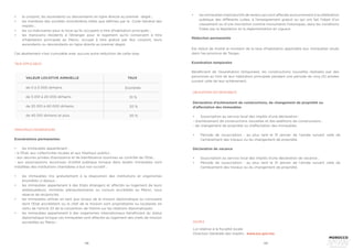 128 129
TAUX APPLICABLES
PRINCIPALES EXONÉRATIONS
•	 le conjoint, les ascendants ou descendants en ligne directe au premier degré ;
•	 les membres des sociétés immobilières telles que définies par le Code Général des
Impôts ;
•	 les co-indivisaires pour le local qu’ils occupent à titre d’habitation principale ;
•	 les marocains résidents à l’étranger pour le logement qu’ils conservent à titre
d’habitation principale au Maroc, occupé à titre gratuit par leur conjoint, leurs
ascendants ou descendants en ligne directe au premier degré.
Cet abattement n’est cumulable avec aucune autre réduction de cette taxe.
de 0 à 5 000 dirhams
de 5 001 à 20 000 dirhams
de 20 001 à 40 000 dirhams
de 40 001 dirhams et plus
Exonérée
10 %
20 %
30 %
VALEUR LOCATIVE ANNUELLE TAUX
Exonérations permanentes
•	 les immeubles appartenant :
- à l’Etat, aux collectivités locales et aux hôpitaux publics ;
- aux œuvres privées d’assistance et de bienfaisance soumises au contrôle de l’Etat ;
- aux associassions reconnues d’utilité publique lorsque dans lesdits immeubles sont
installées des institutions charitables à but non lucratif ;
•	 les immeubles mis gratuitement à la disposition des institutions et organismes
énumérés ci-dessus ;
•	 les immeubles appartenant à des Etats étrangers et affectés au logement de leurs
ambassadeurs, ministres plénipotentiaires ou consuls accrédités au Maroc, sous
réserve de réciprocité;
•	 les immeubles utilisés en tant que locaux de la mission diplomatique ou consulaire
dont l’Etat accréditant ou le chef de la mission sont propriétaires ou locataires en
vertu de l’article 23 de la convention de Vienne sur les relations diplomatiques;
•	 les immeubles appartenant à des organismes internationaux bénéficiant du statut
diplomatique lorsque ces immeubles sont affectés au logement des chefs de mission
accrédités au Maroc ;
•	 les immeubles improductifs de revenu qui sont affectés exclusivement à la célébration
publique des différents cultes, à l’enseignement gratuit ou qui ont fait l’objet d’un
classement ou d’une inscription comme monuments historiques, dans les conditions
fixées par la législation et la réglementation en vigueur.
Réduction permanente
Est réduit de moitié le montant de la taxe d’habitation applicable aux immeubles situés
dans l’ex-province de Tanger.
Exonération temporaire
Bénéficient de l’exonération temporaire, les constructions nouvelles réalisées par des
personnes au titre de leur habitation principale pendant une période de cinq (5) années
suivant celle de leur achèvement.
OBLIGATIONS DES REDEVABLES
Déclaration d’achèvement de constructions, de changement de propriété ou
d’affectation des immeubles
•	 Souscription au service local des impôts d’une déclaration :
- d’achèvement de constructions nouvelles et des additions de constructions ;
- de changement de propriété ou d’affectation des immeubles.
•	 Période de souscription : au plus tard le 31 janvier de l’année suivant celle de
l’achèvement des travaux ou du changement de propriété.
Déclaration de vacance
•	 Souscription au service local des impôts d’une déclaration de vacance ;
•	 Période de souscription : au plus tard le 31 janvier de l’année suivant celle de
l’achèvement des travaux ou du changement de propriété.
SOURCE
Loi relative à la fiscalité locale
Direction Générale des Impôts : www.tax.gov.ma
 