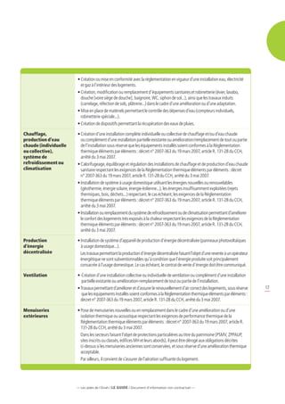 •  réation ou mise en conformité avec la réglementation en vigueur d’une installation eau, électricité
                         C
                         et gaz à l’intérieur des logements.
                       •  réation, modification ou remplacement d’équipements sanitaires et robinetterie (évier, lavabo,
                         C
                         douche [voire siège de douche], baignoire, WC, siphon de sol...), ainsi que les travaux induits
                         (carrelage, réfection de sols, plâtrerie...) dans le cadre d’une amélioration ou d’une adaptation.
                       •  ise en place de matériels permettant le contrôle des dépenses d’eau (compteurs individuels,
                         M
                         robinetterie spéciale...).
                       • Création de dispositifs permettant la récupération des eaux de pluies.

Chauffage,             •  réation d’une installation complète individuelle ou collective de chauffage et/ou d’eau chaude
                         C
production d’eau         ou complément d’une installation partielle existante ou amélioration/remplacement de tout ou partie
chaude (individuelle     de l’installation sous réserve que les équipements installés soient conformes à la Réglementation
ou collective),          thermique éléments par éléments : décret n° 2007-363 du 19 mars 2007, article R. 131-28 du CCH,
système de               arrêté du 3 mai 2007.
refroidissement ou     •  alorifugeage, équilibrage et régulation des installations de chauffage et de production d’eau chaude
                         C
climatisation            sanitaire respectant les exigences de la Réglementation thermique éléments par éléments : décret
                         n° 2007-363 du 19 mars 2007, article R. 131-28 du CCH, arrêté du 3 mai 2007.
                       • nstallation de système à usage domestique utilisant les énergies nouvelles ou renouvelables
                         I
                         (géothermie, énergie solaire, énergie éolienne...), les énergies insuffisamment exploitées (rejets
                         thermiques, bois, déchets...) respectant, le cas échéant, les exigences de la Réglementation
                         thermique éléments par éléments : décret n° 2007-363 du 19 mars 2007, article R. 131-28 du CCH,
                         arrêté du 3 mai 2007.
                       • nstallation ou remplacement du système de refroidissement ou de climatisation permettant d’améliorer
                         I
                         le confort des logements très exposés à la chaleur respectant les exigences de la Réglementation
                         thermique éléments par éléments : décret n° 2007-363 du 19 mars 2007, article R. 131-28 du CCH,
                         arrêté du 3 mai 2007.

Production             • nstallation de système d’appareil de production d’énergie décentralisée (panneaux photovoltaïques
                         I
d’énergie                à usage domestique...).
décentralisée            Les travaux permettant la production d’énergie décentralisée faisant l’objet d’une revente à un opérateur
                         
                         énergétique ne sont subventionnables qu’à condition que l’énergie produite soit principalement
                         consacrée à l’usage domestique. Le cas échéant, le contrat de vente d’énergie doit être communiqué.

Ventilation            •   réation d’une installation collective ou individuelle de ventilation ou complément d’une installation
                          C
                          partielle existante ou amélioration-remplacement de tout ou partie de l’installation.
                       •  ravaux permettant d’améliorer et d’assurer le renouvellement d’air correct des logements, sous réserve
                         T                                                                                                           17
                          que les équipements installés soient conformes à la Réglementation thermique éléments par éléments :
                         décret n° 2007-363 du 19 mars 2007, article R. 131-28 du CCH, arrêté du 3 mai 2007.

Menuiseries            •  ose de menuiseries nouvelles ou en remplacement dans le cadre d’une amélioration ou d’une
                          P
extérieures               isolation thermique ou acoustique respectant les exigences de performance thermique de la
                          Réglementation thermique éléments par éléments : décret n° 2007-363 du 19 mars 2007, article R.
                          131-28 du CCH, arrêté du 3 mai 2007.
                         Dans les secteurs faisant l’objet de protections particulières au titre du patrimoine (PSMV, ZPPAUP,
                          sites inscrits ou classés, édifices MH et leurs abords), il peut être dérogé aux obligations décrites
                          ci-dessus si les menuiseries anciennes sont conservées, et sous réserve d’une amélioration thermique
                          acceptable.
                          Par ailleurs, il convient de s’assurer de l’aération suffisante du logement.




                       — Les aides de l’Anah / LE guide / Document d’information non contractuel —
 