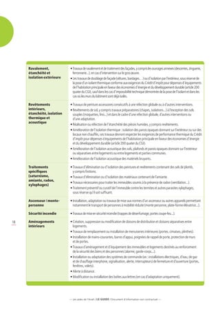 Ravalement,             •  ravaux de ravalement et de traitement des façades, y compris les ouvrages annexes (descentes, zinguerie,
                               T
     étanchéité et             ferronnerie...), en cas d’intervention sur le gros œuvre.
     isolation extérieure    •  es travaux de doublage de façade (vêtures, bardages…) ou d’isolation par l’extérieur, sous réserve de
                               L
                               la pose d’un isolant thermique conforme aux exigences du Crédit d’impôt pour dépenses d’équipements
                               de l’habitation principale en faveur des économies d’énergie et du développement durable (article 200
                               quater du CGI), sauf dans les cas d’impossibilité technique démontrée de la pose de l’isolant et dans les
                               cas où les murs du bâtiment sont déjà isolés.

     Revêtements             •  ravaux de peinture accessoires consécutifs à une réfection globale ou à d’autres interventions.
                               T
     intérieurs,             •  evêtements de sol, y compris travaux préparatoires (chapes, isolations...) à l’exception des sols
                               R
     étanchéité, isolation     souples (moquettes, lino...) et dans le cadre d’une réfection globale, d’autres interventions ou
     thermique et              d’une adaptation.
     acoustique
                             •  éalisation ou réfection de l’étanchéité des pièces humides, y compris revêtements.
                               R
                             •  mélioration de l’isolation thermique : isolation des parois opaques donnant sur l’extérieur ou sur des
                               A
                               locaux non chauffés, ces travaux devront respecter les exigences de performance thermique du Crédit
                               d’impôt pour dépenses d équipements de l’habitation principale en faveur des économies d’énergie
                               et du développement durable (article 200 quater du CGI).
                             •  mélioration de l’isolation acoustique des sols, plafonds et parois opaques donnant sur l’extérieur
                               A
                               ou séparatives entre logements ou entre logements et parties communes.
                             •  mélioration de l’isolation acoustique des matériels bruyants.
                               A

     Traitements             • 
                                Travaux d’élimination ou d’isolation des peintures et revêtements contenant des sels de plomb,
     spécifiques                y compris finitions.
     (saturnisme,            •  ravaux d’élimination ou d’isolation des matériaux contenant de l’amiante.
                                T
     amiante, radon,
                             •  ravaux nécessaires pour traiter les immeubles soumis à la présence de radon (ventilation...).
                                T
     xylophages)
                             •  raitement préventif ou curatif de l’immeuble contre les termites et autres parasites xylophages,
                                T
                                sous réserve qu’il soit suffisant.

     Ascenseur / monte-      • nstallation, adaptation ou travaux de mise aux normes d’un ascenseur ou autres appareils permettant
                               I
     personne                  notamment le transport de personnes à mobilité réduite (monte personne, plate-forme élévatrice...).

     Sécurité incendie       • Travaux de mise en sécurité incendie (trappes de désenfumage, portes coupe-feu...).

18   Aménagements            •  réation, suppression ou modification de cloisons de distribution et cloisons séparatives entre
                               C
     intérieurs                logements.
                             • Travaux de remplacement ou installation de menuiseries intérieures (portes, cimaises, plinthes).
                             • nstallation de mains-courantes, barres d’appui, poignées de rappel de porte, protection de murs
                               I
                               et de portes.
                             •  ravaux d’aménagement et d’équipement des immeubles et logements destinés au renforcement
                               T
                               de la sécurité des biens et des personnes (alarme, garde-corps...).
                             • nstallation ou adaptation des systèmes de commande (ex : installations électriques, d’eau, de gaz
                               I
                               et de chauffage interphone, signalisation, alerte, interrupteurs) de fermeture et d’ouverture (portes,
                               fenêtres, volets).
                             • Alerte à distance.
                             • Modification ou installation des boîtes aux lettres (en cas d’adaptation uniquement).




                             — Les aides de l’Anah / LE guide / Document d’information non contractuel —
 