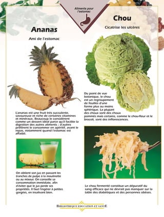 13
Aliments pour
lʼestomac
Ananas
Ami de l’estomac
L’ananas est une fruit très succulente,
savoureuse et riche de certaines vitamines
et minéraux. Beaucoup le considèrent
comme un dessert idéal parce qu’il facilite la
digestion des autres aliments ; d’autres
préfèrent le consommer en apéritif, avant le
repas, notamment quand l’estomac est
affaibli.
On obtient son jus en passant les
tranches de pulpe à la moulinette
ou au mixeur. On conseille sa
consommation immédiate, afin
d’éviter que le jus perde ses
propriétés. Il faut l'ingérer à petites
gorgées, en insalivant bien.
Chou
Cicatrise les ulcères
Le chou fermenté constitue un dépuratif du
sang efficace qui ne devrait pas manquer sur la
table des diabétiques et des personnes obèses.
Du point de vue
botanique, le chou
est un regroupement
de feuilles d’une
forme plus ou moins
sphérique. La plupart
des choux sont des choux
pommés mais certains, comme le chou-fleur et le
brocoli, sont des inflorescences.
 