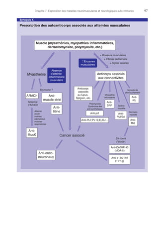 Chapitre 7. Exploration des maladies neuromusculaires et neurologiques auto-immunes	97
Synopsis X
Prescription des autoanticorps associés aux atteintes musculaires
Muscle (myasthénies, myopathies inflammatoires,
dermatomyosite, polymyosite, etc.)
± Signes cutanés
Anticorps
associés
au lupus,
Sjögren, etc.
± Fibrose pulmonaire
Polymyosite
Syndrome des
anti-synthétases
Dermato-
myosite
Atteinte
oculo-
motrice,
céphalique,
muscles
respiratoires
ARACh
Anti-
MusK
Anti-
titine
Anti-onco-
neuronaux Anti-p155/140
(TIF1g)
Anti-PL7,PL12,Ej,OJ… Anti-
Mi2
Anti-
SRP
En cours
d’étude :
Absence
d’atteinte
inflammatoire
musculaire
Scléro-
myosite
Anti-
PM/Scl
Absence
d’ARACh
Thymome ?
Anti-jo1
Anti-CADM140
(MDA-5)
Myosite de
chevauchement
Anti-
KU
Anti-
muscle strié
Anticorps associés
aux connectivites
± Douleurs musculaires
Myopathie
nécrosante
Cancer associé
Myasthénie
Enzymes
musculaires
 
