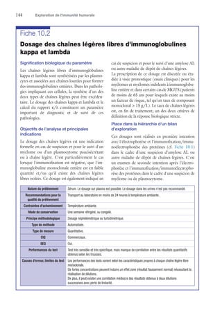 144	 Exploration de l’immunité humorale
Fiche 10.2
Dosage des chaînes légères libres d'immunoglobulines
kappa et lambda
Signification biologique du paramètre
Les chaînes légères libres d'immunoglobulines
kappa et lambda sont synthétisées par les plasmo-
cytes et associées aux chaînes lourdes pour former
des immunoglobulines entières. Dans les patholo-
gies impliquant ces cellules, la synthèse d'un des
deux types de chaînes légères peut être excéden-
taire. Le dosage des chaînes kappa et lambda et le
calcul du rapport κ/λ constituent un paramètre
important de diagnostic et de suivi de ces
pathologies.
Objectifs de l'analyse et principales
indications
Le dosage des chaînes légères est une indication
formelle en cas de suspicion et pour le suivi d'un
myélome ou d'un plasmocytome paucisécrétant
ou à chaîne légère. C'est particulièrement le cas
lorsque l'immunofixation est négative, que l'im-
munoglobuline monoclonale entière est en faible
quantité et/ou qu'il existe des chaînes légères
libres isolées. Ce dosage est également indiqué en
cas de suspicion et pour le suivi d'une amylose AL
ou autre maladie de dépôt de chaînes légères.
La prescription de ce dosage est discutée ou étu-
diée à visée pronostique (essais cliniques) pour les
myélomes et myélomes indolents à immunoglobu-
line entière et dans certains cas de MGUS (patients
de moins de 65 ans pour lesquels existe au moins
un facteur de risque, tel qu'un taux de composant
monoclonal  15 g/L). Le taux de chaînes légères
est, en fin de traitement, un des deux critères de
définition de la réponse biologique stricte.
Place dans la hiérarchie d'un bilan
d'exploration
Ces dosages sont réalisés en première intention
avec l'électrophorèse et l'immunofixation/immu-
noélectrophorèse des protéines (cf. Fiche 10.1)
dans le cadre d'une suspicion d'amylose AL ou
autre maladie de dépôt de chaînes légères. C'est
un examen de seconde intention après l'électro-
phorèse et l'immunofixation/immunoélectropho-
rèse des protéines dans le cadre d'une suspicion de
myélome ou de plasmocytome.
Nature du prélèvement Sérum. Le dosage sur plasma est possible. Le dosage dans les urines n'est pas recommandé.
Recommandations pour la
qualité du prélèvement
Transport au laboratoire en moins de 24 heures à température ambiante.
Contraintes d'acheminement Température ambiante.
Mode de conservation Une semaine réfrigéré, ou congelé.
Principe méthodologique Dosage néphélémétrique ou turbidimétrique.
Type de méthode Automatisée.
Type de mesure Quantitative.
CIQ Commerciaux.
EEQ Oui.
Performances du test Test très sensible et très spécifique, mais manque de corrélation entre les résultats quantitatifs
obtenus selon les trousses.
Causes d'erreur, limites du test Les performances des tests varient selon les caractéristiques propres à chaque chaîne légère libre
monoclonale.
De fortes concentrations peuvent induire un effet zone (résultat faussement normal) nécessitant la
réalisation de dilutions.
De plus, il peut exister une corrélation médiocre des résultats obtenus à deux dilutions
successives avec perte de linéarité.
 