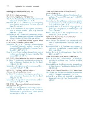 152	 Exploration de l’immunité humorale
Bibliographie du chapitre 10
FICHE 10.1 – Caractérisation
d'une immunoglobuline monoclonale
Ifrah N, et al. Monoclonal gammopathies of undetermined
significance. Rev Prat 2006 ; 56 : 18–24.
O'Connell TX, et  al. Understanding and interpreting
serum protein electrophoresis. Am Fam Physician
2005 ; 71 : 105–12.
Smith A, et al. Guidelines on the diagnosis and manage-
ment of multiple myeloma. 2005. Br J Haematol
2006 ; 132 : 410–51.
Szymanowicz A, et al. Proposition de commentaires interpré-
tatifs prêts à l'emploi pour l'électrophorèse des protéines
sériques. Ann Biol Clin (Paris) 2006 ; 64 : 367–80.
FICHE 10.2 – Dosage des chaînes légères libres
d'immunoglobulines kappa et lambda
Dimopoulos M, et  al. Consensus recommendations
for standard investigative workup : report of the
International Myeloma Workshop Consensus Panel 3.
Blood 2011 ; 117 : 4701–5.
Ozsan GH, et al. Serum free light chain analysis in multiple
myeloma and plasma cell dyscrasias. Expert Rev Clin
Immunol 2011 ; 7 : 65–73.
FICHE 10.3 – Électrophorèse des ­protéines urinaires
Le Bricon T. Identification et dosage des protéines uri-
naires au laboratoire d'analyses. Ann Biol Clin (Paris)
2002 ; 60 : 525–40.
Raidelet L, et al. Exploration de la protéinurie au labora-
toire. RFL 2013 ; 43 : 75–82.
FICHE 10.4 – Recherche et identification
d'une protéinurie de Bence-Jones
Le Bricon T. Identification et dosage des protéines uri-
naires au laboratoire d'analyses. Ann Biol Clin (Paris)
2002 ; 60 : 525–40.
Raidelet L, et al. Exploration de la protéinurie au labora-
toire. RFL 2013 ; 43 : 75–82.
FICHE 10.5 – Électrophorèse et caractérisation
des protéines du LCR
Gillain N, et al. Interprétation de l'index IgG et du dia-
gramme de Reiber par Protis 2 dans les maladies
inflammatoires du système nerveux central. Immun
Anal Biol Special 2009 ; 24 : 135–47.
FICHE 10.6 – Recherche et caractérisation
d'une cryoglobuline
Brouet J-C, et al. Biologic and clinical significance of cryo-
globulins. A report of 86 cases. Am J Med 1974 ;
57 : 775–88.
Intrator L, et al. Cryoglobulines : méthode de détection
et interprétation. In : Cahier de formation Biologie
médicale Bioforma ; 2003. p. 28.
Kolopp-Sarda MN, et  al. Protéines cryoprécipitantes en
pathologie : cryoglobuline et cryofibrinogène. RFL
2012 ; 444 : 53–62.
Ramos-Casals M, et  al. The cryoglobulinaemias. The
Lancet 2012 ; 379 : 348–60.
FICHE 10.7 – Recherche et caractérisation
d'un cryofibrinogène
Amdo TD, et al. An approach to the diagnosis and treat-
ment of cryofibrinogenemia. Am J Med 2004 ; 116 :
332–7.
Kolopp-Sarda MN, et  al. Protéines cryoprécipitantes en
pathologie : cryoglobuline et cryofibrinogène. RFL
2012 ; 444 : 53–62.
Saadoun D, et  al. Cryofibrinogénémies. Rev Med Int
2011 ; 32 : 287–91.
FICHE 10.8 – Dosage de la β2-microglobuline
Bethea M, et al. Beta 2-microglobulin : its significance
and clinical usefulness. Ann Clin Lab Sci 1990 ;
20 : 163–8.
Schardijn GH, et al. Beta 2-microglobulin : its significance
in the evaluation of renal function. Kidney Int 1987 ;
32 : 635–41.
FICHE 10.9 – Dosage des immunoglobulines D (IgD)
Chen K, et al. The function and regulation of immunoglo-
bulin D. Curr Opin Immunol 2011 ; 23 : 1–8.
Stoffels M, et  al. Hyper-IgD syndrome or mevalonate
kinase deficiency. Curr Opin Rheumatol 2011 ; 23 :
419–23.
 