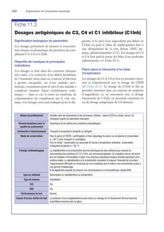 160	 Exploration de l’immunité humorale
Fiche 11.3
Dosages antigéniques de C3, C4 et C1 inhibiteur (C1Inh)
Signification biologique du paramètre
Ces dosages permettent de mesurer la concentra-
tion sérique ou plasmatique des protéines du com-
plément C3, C4 et C1Inh.
Objectifs de l'analyse et principales
indications
Ces dosages se font dans des contextes cliniques
très variés, à la recherche d'un déficit héréditaire
de l'immunité innée dans un contexte d'infection
à germes encapsulés, ou d'une maladie auto-
immune, notamment pour le suivi d'une maladie à
complexes immuns (lupus érythémateux systé-
mique) — dans ce cas, il existe un syndrome de
consommation du complément par la voie clas-
sique. Ces dosages sont aussi indiqués pour le dia-
gnostic et le suivi d'un angiœdème par déficit en
C1Inh ou pour le bilan de néphropathies liées à
une dérégulation de la voie alterne (SHU aty-
pique, glomérulopathies à C3). Les dosages de C3
et C4 font parfois partie du bilan d'un syndrome
inflammatoire (cf. Fiche 12.1).
Place dans la hiérarchie d'un bilan
d'exploration
Les dosages de C3 et C4 se font en première inten-
tion et conjointement avec le dosage du CH50
(cf. Fiche 11.1). Le dosage du C1Inh se fait en
première intention dans un contexte de suspicion
d'angiœdème, et, en association avec le dosage
fonctionnel du C1Inh, en deuxième intention en
cas de dosage antigénique de C4 diminué.
Nature du prélèvement Variable selon les laboratoires et les techniques utilisées : plasma EDTA ou citrate, sérum. Se
renseigner auprès du laboratoire exécutant.
Recommandations pour la
qualité du prélèvement
Importance de la maîtrise des conditions préanalytiques.
Contraintes d'acheminement Transport à température ambiante ou réfrigéré.
Mode de conservation Pour le sérum et l'EDTA : centrifugation à froid, aliquotage du sérum ou du plasma et ­conservation
à – 80 °C avec transport en carboglace.
Pour le citrate : conservation du sang total 48 heures à température ambiante ; conservation
d'aliquotes de plasma à – 80 °C.
Principe méthodologique La néphélémétrie et la turbidimétrie sont les techniques les plus utilisées pour mesurer la
concentration des protéines C3, C4, C1Inh, par immunoprécipitation. Un complexe immun est formé
lors de l'addition à l'échantillon à doser d'un anticorps polyclonal d'origine animale spécifique de la
protéine isolée. La néphélémétrie et la turbidimétrie consistent à mesurer l'intensité de la lumière
respectivement diffractée ou transmise par ces complexes pour la relier à une concentration grâce à
une gamme d'étalonnage.
Il est également possible de mesurer ces concentrations en immunodiffusion radiale (IDR).
Type de méthode Automatisée en néphélémétrie ou turbidimétrie.
Type de mesure Quantitative.
CIQ Oui.
EEQ Oui.
Performances du test Bonnes.
Causes d'erreur, limites du test La présence d'une cryoglobulinémie peut induire un dosage de C4 faussement diminué dans les
échantillons transmis dans la glace.
 