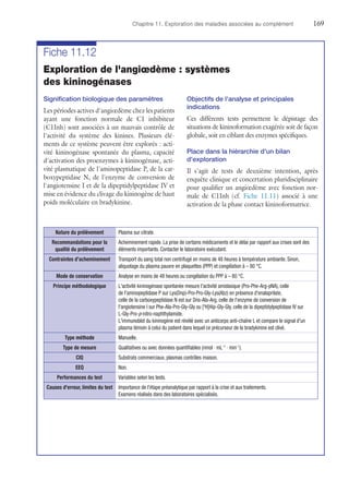 Chapitre 11. Exploration des maladies associées au complément	169
Fiche 11.12
Exploration de l'angiœdème : systèmes
des kininogénases
Signification biologique des paramètres
Les périodes actives d'angiœdème chez les patients
ayant une fonction normale de C1 inhibiteur
(C1Inh) sont associées à un mauvais contrôle de
l'activité du système des kinines. Plusieurs élé-
ments de ce système peuvent être explorés : acti-
vité kininogénase spontanée du plasma, capacité
d'activation des proenzymes à kininogénase, acti-
vité plasmatique de l'aminopeptidase P, de la car-
boxypeptidase N, de l'enzyme de conversion de
l'angiotensine I et de la dipeptidylpeptidase IV et
mise en évidence du clivage du kininogène de haut
poids moléculaire en bradykinine.
Objectifs de l'analyse et principales
indications
Ces différents tests permettent le dépistage des
situations de kininoformation exagérée soit de façon
globale, soit en ciblant des enzymes spécifiques.
Place dans la hiérarchie d'un bilan
d'exploration
Il s'agit de tests de deuxième intention, après
enquête clinique et concertation pluridisciplinaire
pour qualifier un angiœdème avec fonction nor-
male de C1Inh (cf. Fiche 11.11) associé à une
activation de la phase contact kininoformatrice.
Nature du prélèvement Plasma sur citrate.
Recommandations pour la
qualité du prélèvement
Acheminement rapide. La prise de certains médicaments et le délai par rapport aux crises sont des
éléments importants. Contacter le laboratoire exécutant.
Contraintes d'acheminement Transport du sang total non centrifugé en moins de 48 heures à température ambiante. Sinon,
aliquotage du plasma pauvre en plaquettes (PPP) et congélation à – 80 °C.
Mode de conservation Analyse en moins de 48 heures ou congélation du PPP à – 80 °C.
Principe méthodologique L'activité kininogénase spontanée mesure l'activité amidasique (Pro-Phe-Arg-pNA), celle
de l'aminopeptidase P sur Lys(Dnp)-Pro-Pro-Gly-Lys(Abz) en présence d'enalaprilate,
celle de la carboxypeptidase N est sur Dns-Ala-Arg, celle de l'enzyme de conversion de
­l'angiotensine I sur Phe-Ala-Pro-Gly-Gly ou [3
H]Hip-Gly-Gly, celle de la dipeptidylpeptidase IV sur
L-Gly-Pro-p-nitro-naphthylamide.
L'immunoblot du kininogène est révélé avec un anticorps anti-chaîne L et compare le signal d'un
plasma témoin à celui du patient dans lequel ce précurseur de la bradykinine est clivé.
Type méthode Manuelle.
Type de mesure Qualitatives ou avec données quantifiables (nmol · mL–1
· min–1
).
CIQ Substrats commerciaux, plasmas contrôles maison.
EEQ Non.
Performances du test Variables selon les tests.
Causes d'erreur, limites du test Importance de l'étape préanalytique par rapport à la crise et aux traitements.
Examens réalisés dans des laboratoires spécialisés.
 
