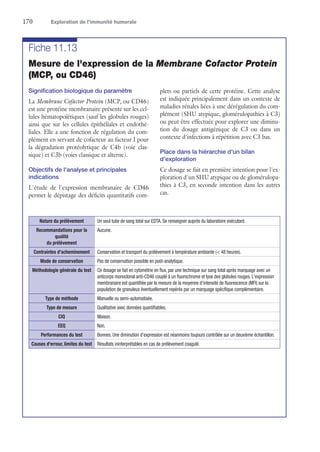170	 Exploration de l’immunité humorale
Fiche 11.13
Mesure de l'expression de la Membrane Cofactor Protein
(MCP, ou CD46)
Signification biologique du paramètre
La Membrane Cofactor Protein (MCP, ou CD46)
est une protéine membranaire présente sur les cel-
lules hématopoïétiques (sauf les globules rouges)
ainsi que sur les cellules épithéliales et endothé-
liales. Elle a une fonction de régulation du com-
plément en servant de cofacteur au facteur I pour
la dégradation protéolytique de C4b (voie clas-
sique) et C3b (voies classique et alterne).
Objectifs de l'analyse et principales
indications
L'étude de l'expression membranaire de CD46
permet le dépistage des déficits quantitatifs com-
plets ou partiels de cette protéine. Cette analyse
est indiquée principalement dans un contexte de
maladies rénales liées à une dérégulation du com-
plément (SHU atypique, glomérulopathies à C3)
ou peut être effectuée pour explorer une diminu-
tion du dosage antigénique de C3 ou dans un
contexte d'infections à répétition avec C3 bas.
Place dans la hiérarchie d'un bilan
d'exploration
Ce dosage se fait en première intention pour l'ex-
ploration d'un SHU atypique ou de glomérulopa-
thies à C3, en seconde intention dans les autres
cas.
Nature du prélèvement Un seul tube de sang total sur EDTA. Se renseigner auprès du laboratoire exécutant.
Recommandations pour la
qualité
du prélèvement
Aucune.
Contraintes d'acheminement Conservation et transport du prélèvement à température ambiante ( 48 heures).
Mode de conservation Pas de conservation possible en post-analytique.
Méthodologie générale du test Ce dosage se fait en cytométrie en flux, par une technique sur sang total après marquage avec un
anticorps monoclonal anti-CD46 couplé à un fluorochrome et lyse des globules rouges. L'expression
membranaire est quantifiée par la mesure de la moyenne d'intensité de fluorescence (MFI) sur la
population de granuleux éventuellement repérés par un marquage spécifique complémentaire.
Type de méthode Manuelle ou semi-automatisée.
Type de mesure Qualitative avec données quantifiables.
CIQ Maison.
EEQ Non.
Performances du test Bonnes. Une diminution d'expression est néanmoins toujours contrôlée sur un deuxième échantillon.
Causes d'erreur, limites du test Résultats ininterprétables en cas de prélèvement coagulé.
 