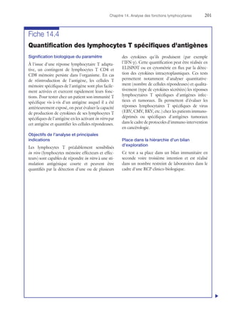 Chapitre 14. Analyse des fonctions lymphocytaires	201
Fiche 14.4
Quantification des lymphocytes T spécifiques d'antigènes
Signification biologique du paramètre
À l'issue d'une réponse lymphocytaire T adapta-
tive, un contingent de lymphocytes T CD4 et
CD8 mémoire persiste dans l'organisme. En cas
de réintroduction de l'antigène, les cellules T
mémoire spécifiques de l'antigène sont plus facile-
ment activées et exercent rapidement leurs fonc-
tions. Pour tester chez un patient son immunité T
spécifique vis-à-vis d'un antigène auquel il a été
antérieurement exposé, on peut évaluer la capacité
de production de cytokines de ses lymphocytes T
spécifiques de l'antigène en les activant in vitro par
cet antigène et quantifier les cellules répondeuses.
Objectifs de l'analyse et principales
indications
Les lymphocytes T préalablement sensibilisés
in vivo (lymphocytes mémoire effecteurs et effec-
teurs) sont capables de répondre in vitro à une sti-
mulation antigénique courte et peuvent être
quantifiés par la détection d'une ou de plusieurs
des cytokines qu'ils produisent (par exemple
l'IFN-γ). Cette quantification peut être réalisée en
ELISPOT ou en cytométrie en flux par la détec-
tion des cytokines intracytoplasmiques. Ces tests
permettent notamment d'analyser quantitative-
ment (nombre de cellules répondeuses) et qualita-
tivement (type de cytokines sécrétées) les réponses
lymphocytaires T spécifiques d'antigènes infec-
tieux et tumoraux. Ils permettent d'évaluer les
réponses lymphocytaires T spécifiques de virus
(EBV, CMV, BKV, etc.) chez les patients immuno-
déprimés ou spécifiques d'antigènes tumoraux
dans le cadre de protocoles d'immuno-­intervention
en cancérologie.
Place dans la hiérarchie d'un bilan
d'exploration
Ce test a sa place dans un bilan immunitaire en
seconde voire troisième intention et est réalisé
dans un nombre restreint de laboratoires dans le
cadre d'une RCP clinico-biologique.
u
 