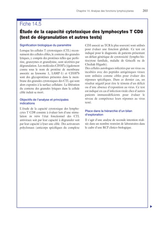 Chapitre 14. Analyse des fonctions lymphocytaires	203
Fiche 14.5
Étude de la capacité cytotoxique des lymphocytes T CD8
(test de dégranulation et autres tests)
Signification biologique du paramètre
Lorsque les cellules T cytotoxiques (CTL) recon-
naissent des cellules cibles, le contenu des granules
lytiques, y compris des protéines telles que perfo-
rine, granzymes et granulysine, sont sécrétées par
dégranulation. Les molécules CD107a (également
connu sous le nom de protéine de membrane
associée au lysosome 1, LAMP-1) et CD107b
sont des glycoprotéines présentes dans la mem-
brane des granules cytotoxiques des CTL qui sont
alors exposées à la surface cellulaire. La libération
du contenu des granules lytiques dans la cellule
cible induit sa mort.
Objectifs de l'analyse et principales
indications
L'étude de la capacité cytotoxique des lympho-
cytes T CD8 consiste à évaluer lors d'une stimu-
lation in  vitro l'état fonctionnel des CTL
antiviraux soit par leur capacité à dégranuler soit
par leur capacité à lyser une cible. Des activateurs
polyclonaux (anticorps spécifiques du complexe
CD3 associé au TCR le plus souvent) sont utilisés
pour évaluer une fonction globale. Ce test est
indiqué pour le diagnostic de patients présentant
un défaut génétique de cytotoxicité (lympho-his-
tiocytose familiale, maladie de Griscelli ou de
Chediak-Higashi).
Des cellules autologues infectées par un virus ou
incubées avec des peptides antigéniques viraux
sont utilisées comme cibles pour évaluer des
réponses spécifiques. Dans ce dernier cas, un
résultat négatif peut être le témoin d'un déficit
ou d'une absence d'exposition au virus. Ce test
est indiqué en cas d'infection virale chez d'autres
patients immunodéficients pour évaluer le
niveau de compétence leurs réponses au virus
testé.
Place dans la hiérarchie d'un bilan
d'exploration
Il s'agit d'une analyse de seconde intention réali-
sée dans un nombre restreint de laboratoires dans
le cadre d'une RCP clinico-biologique.
u
 