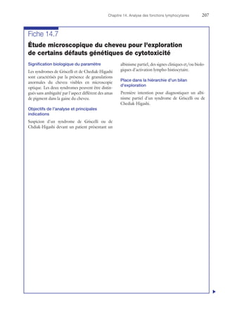 Chapitre 14. Analyse des fonctions lymphocytaires	207
Fiche 14.7
Étude microscopique du cheveu pour l'exploration
de certains défauts génétiques de cytotoxicité
Signification biologique du paramètre
Les syndromes de Griscelli et de Chediak-Higashi
sont caractérisés par la présence de granulations
anormales du cheveu visibles en microscopie
optique. Les deux syndromes peuvent être distin-
gués sans ambiguïté par l'aspect différent des amas
de pigment dans la gaine du cheveu.
Objectifs de l'analyse et principales
indications
Suspicion d'un syndrome de Griscelli ou de
Chdiak-Higashi devant un patient présentant un
albinisme partiel, des signes cliniques et/ou biolo-
giques d'activation lympho-histiocytaire.
Place dans la hiérarchie d'un bilan
d'exploration
Première intention pour diagnostiquer un albi-
nisme partiel d'un syndrome de Griscelli ou de
Chediak-Higashi.
u
 