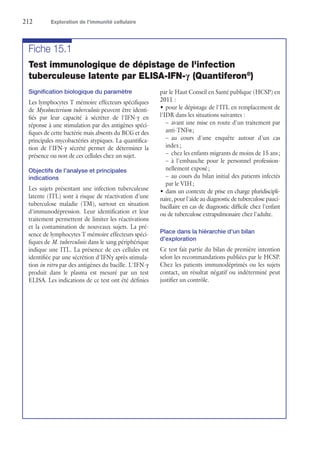 212	 Exploration de l’immunité cellulaire
Fiche 15.1
Test immunologique de dépistage de l'infection
tuberculeuse latente par ELISA-IFN-γ (Quantiferon®
)
Signification biologique du paramètre
Les lymphocytes T mémoire effecteurs spécifiques
de Mycobacterium tuberculosis peuvent être identi-
fiés par leur capacité à sécréter de l'IFN-γ en
réponse à une stimulation par des antigènes spéci-
fiques de cette bactérie mais absents du BCG et des
principales mycobactéries atypiques. La quantifica-
tion de l'IFN-γ sécrété permet de déterminer la
présence ou non de ces cellules chez un sujet.
Objectifs de l'analyse et principales
indications
Les sujets présentant une infection tuberculeuse
latente (ITL) sont à risque de réactivation d'une
tuberculose maladie (TM), surtout en situation
d'immunodépression. Leur identification et leur
traitement permettent de limiter les réactivations
et la contamination de nouveaux sujets. La pré-
sence de lymphocytes T mémoire effecteurs spéci-
fiques de M. tuberculosis dans le sang périphérique
indique une ITL. La présence de ces cellules est
identifiée par une sécrétion d'IFNγ après stimula-
tion in vitro par des antigènes du bacille. L'IFN-γ
produit dans le plasma est mesuré par un test
ELISA. Les indications de ce test ont été définies
par le Haut Conseil en Santé publique (HCSP) en
2011 :
•	pour le dépistage de l'ITL en remplacement de
l'IDR dans les situations suivantes :
–	avant une mise en route d'un traitement par
anti-TNFα ;
–	au cours d'une enquête autour d'un cas
index ;
–	 chez les enfants migrants de moins de 15 ans ;
–	à l'embauche pour le personnel profession-
nellement exposé ;
–	au cours du bilan initial des patients infectés
par le VIH ;
•	dans un contexte de prise en charge pluridiscipli-
naire, pour l'aide au diagnostic de tuberculose pauci-
bacillaire en cas de diagnostic difficile chez l'enfant
ou de tuberculose extrapulmonaire chez l'adulte.
Place dans la hiérarchie d'un bilan
d'exploration
Ce test fait partie du bilan de première intention
selon les recommandations publiées par le HCSP.
Chez les patients immunodéprimés ou les sujets
contact, un résultat négatif ou indéterminé peut
justifier un contrôle.
 