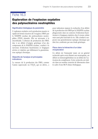Chapitre 16. Exploration des polynucléaires neutrophiles	221
Fiche 16.3
Exploration de l'explosion oxydative
des polynucléaires neutrophiles
Signification biologique du paramètre
L'explosion oxydative est la production massive et
rapide de formes réactives de l'oxygène (FRO) par
la NADPH oxydase des polynucléaires neutro-
philes (PNN) stimulés. Elle est nécessaire à la
microbicidie. L'absence de production des FRO,
due à un déficit d'origine génétique d'un des
composants de la NADPH oxydase, conduit à la
survenue d'infections bactériennes et fongiques
sévères et répétées qui définissent la granuloma-
tose septique chronique.
Objectifs de l'analyse et principales
indications
La mesure de la production des FRO, comme
l'anion superoxyde ou l'H2
O2
qui en dérive, a
pour indication majeure la recherche d'un déficit
de la production des FRO par la NADPH oxydase
phagocytaire dans un contexte d'infections bacté-
riennes et fongiques répétées chez le jeune enfant
mais aussi plus tard dans la vie. Elle conduit à sus-
pecter une granulomatose septique chronique qui
doit être confirmée par une étude génétique.
Place dans la hiérarchie d'un bilan
d'exploration
Ce déficit de l'immunité innée est en général
recherché après avoir éliminé une neutropénie, un
déficit en immunoglobulines ou un déficit de l'ac-
tivation du complément. Cette recherche est réali-
sée dans un nombre restreint de laboratoires dans
le cadre d'une RCP clinico-biologique.

 
