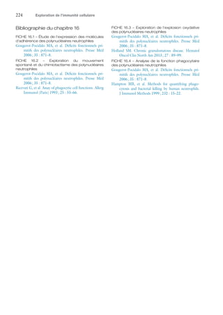 224	 Exploration de l’immunité cellulaire
Bibliographie du chapitre 16
FICHE 16.1 – Étude de l'expression des molécules
d'adhérence des polynucléaires neutrophiles
Gougerot-Pocidalo MA, et  al. Déficits fonctionnels pri-
mitifs des polynucléaires neutrophiles. Presse Méd
2006 ; 35 : 871–8.
FICHE 16.2 – Exploration du mouvement
­spontané et du chimiotactisme des polynucléaires
neutrophiles
Gougerot-Pocidalo MA, et  al. Déficits fonctionnels pri-
mitifs des polynucléaires neutrophiles. Presse Méd
2006 ; 35 : 871–8.
Ricevuti G, et al. Assay of phagocytic cell functions. Allerg
Immunol (Paris) 1993 ; 25 : 55–66.
FICHE 16.3 – Exploration de l'explosion oxydative
des polynucléaires neutrophiles
Gougerot-Pocidalo MA, et  al. Déficits fonctionnels pri-
mitifs des polynucléaires neutrophiles. Presse Méd
2006 ; 35 : 871–8.
Holland SM. Chronic granulomatous disease. Hematol
Oncol Clin North Am 2013 ; 27 : 89–99.
FICHE 16.4 – Analyse de la fonction phagocytaire
des polynucléaires neutrophiles
Gougerot-Pocidalo MA, et  al. Déficits fonctionnels pri-
mitifs des polynucléaires neutrophiles. Presse Méd
2006 ; 35 : 871–8.
Hampton MB, et  al. Methods for quantifying phago­
cytosis and bacterial killing by human neutrophils.
J Immunol Methods 1999 ; 232 : 15–22.
 