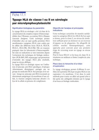 Chapitre 17. Typages HLA	229
Fiche 17.1
Typage HLA de classe I ou II en sérologie
par microlymphocytotoxicité
Signification biologique du paramètre
Le typage HLA en sérologie a été à la base de la
caractérisation du complexe majeur d'histocompa-
tibilité chez l'Homme, ou système HLA (Human
Leucocyte Antigens). Cette technique permet
d'identifier chez un sujet quelles protéines HLA
membranaires (antigènes HLA) sont codées par
les allèles des différents locus HLA-A, HLA-B,
HLA-C, HLA-DR, HLA-DQ. Elle est toujours
pratiquée dans les laboratoires d'histocompatibi-
lité mais ses indications se sont restreintes depuis
l'avènement des techniques de biologie molécu-
laire (PCR-SSO, SSP, séquençage) qui permettent
d'atteindre des typages HLA plus résolutifs,
jusqu'au niveau allélique.
Le typage HLA en sérologie repose sur l'utilisa-
tion d'anticorps anti-HLA spécifiques d'épitopes
(déterminants allotypiques) partagés par un
groupe de molécules HLA. Son principe est le sui-
vant : lorsqu'un anticorps anti-HLA reconnaît un
déterminant antigénique à la membrane d'une cel-
lule, la réaction antigène/anticorps aboutit à la
lyse de la cellule en présence de complément.
Objectifs de l'analyse et principales
indications
Cette technique caractérise de manière satisfai-
sante les antigènes HLA-A et HLA-B d'un sujet
et donne, pour la classe I, un niveau de résolu-
tion suffisant pour un donneur ou un receveur
d'organes ou de plaquettes. En allogreffe de
cellules souches hématopoïétiques, cette
approche peut convenir pour une première
étape de screening avant un typage au niveau
allélique.
Pour le locus HLA-C et les locus de classe II, la
résolution est médiocre et limite l'emploi de cette
technique.
Place dans la hiérarchie d'un bilan
d'exploration
Le typage sérologique permet d'affirmer la syn-
thèse de la protéine HLA par un gène HLA et son
expression à la membrane. C'est donc la seule
méthode pour écarter un allèle nul quand celui-ci
fait partie des ambiguïtés données par le typage
d'un locus en biologie moléculaire.
▲
 