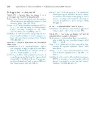 236	 Explorations en histocompatibilité et étude des associations HLA-maladies
Bibliographie du chapitre 17
FICHE 17.1 – Typage HLA de classe I ou II
en ­séro­logie par microlymphocytotoxicité
Bodmer J, et al. Leucocyte antigens in man : a comparison
of lymphocytotoxic and agglutination assays for their
detection. Nature 1966 ; 210 : 28–31.
Ferrone S, et al. The microlymphocytotoxicity test for HLA-
A, B, C and HLA-DR typing. In : Immunoassays :
Clinical laboratory Techniques for the 1980s.
NewYork : Alan R Liss Inc ; 1980. p. 255–85.
Vartdal F, et al. HLA class I and II typing using cells posi-
tively selected from blood by immunomagnetic iso-
lation-a fast and reliable technique. Tissue Antigens
1986 ; 28 : 301–12.
FICHE 17.2 – Typage HLA de classe I ou II en ­biologie
moléculaire
Cesbron-Gautier A, et al. Technologie Luminex : applica-
tion aux typages HLA par biologie moléculaire (PCR-
SSO) et à l'identification des anticorps anti-HLA.
Ann Biol Clin (Paris) 2004 ; 62 : 93–8.
Dormoy A, et al. Mono-allelic amplification of exons 2–4
using allele group-specific primers for sequence-based
typing (SBT) of the HLA-A, -B and –C genes : pre-
paration and validation of ready-to-use pre-SBT mini-
kits. Tissue Antigens 2003 ; 62 : 201–16.
Olerup O, et al. HLA-DR typing by PCR ­amplification
with sequence-specific primers (PCR-SSP) in 2 hours :
an alternative to serological DR typing in clinical
practice including donor-recipient matching in
cadaveric transplantation. Tissue Antigens 1992 ;
39 : 225–35.
FICHE 17.3 – Recherche de l'allèle HLA-B27
Colombani J. HLA, fonctions immunitaires et applications
médicales. Paris : John Libbey Eurotext ; 1993.
FICHE 17.4 – Recherche de l'allèle HLA-B*57:01
préalable à la prescription d'abacavir
Hetherington S. Understanding drug hypersensitivity :
what to look for when prescribing abacavir. AIDS
2001 ; 11 : 620–2.
Illing P, et al. Immune self-reactivity triggered by drug-
modified HLA-peptide repertoire. Nature 2012 ;
486 : 554–8.
Phillips E, et  al. Clinical and immunogenetic corre-
lates of abacavir hypersensitivity. AIDS 2005 ; 19 :
979–81.
Saag M, et al. High sensitivity of human leukocyte antigen-
B*5701 as a marker of immunologically confirmed
abacavir hypersensitivity in white and black patients.
Clin Infect Dis 2008 ; 46 : 1111–8.
 
