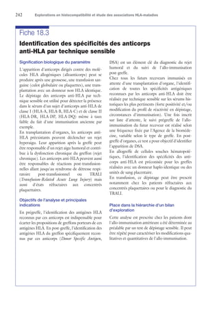242	 Explorations en histocompatibilité et étude des associations HLA-maladies
Fiche 18.3
Identification des spécificités des anticorps
anti-HLA par technique sensible
Signification biologique du paramètre
L'apparition d'anticorps dirigés contre des molé-
cules HLA allogéniques (alloanticorps) peut se
produire après une grossesse, une transfusion san-
guine (culot globulaire ou plaquettes), une trans-
plantation avec un donneur non HLA identique.
Le dépistage des anticorps anti-HLA par tech-
nique sensible est utilisé pour détecter la présence
dans le sérum d'un sujet d'anticorps anti-HLA de
classe I (HLA-A, HLA-B, HLA-C) et de classe II
(HLA-DR, HLA-DP, HLA-DQ) même à taux
faible du fait d'une immunisation ancienne par
exemple.
En transplantation d'organes, les anticorps anti-
HLA préexistants peuvent déclencher un rejet
hyperaigu. Leur apparition après la greffe peut
être responsable d'un rejet aigu humoral et contri-
bue à la dysfonction chronique du greffon (rejet
chronique). Les anticorps anti-HLA peuvent aussi
être responsables de réactions post-transfusion-
nelles allant jusqu'au syndrome de détresse respi-
ratoire post-transfusionnel ou TRALI
(Transfusion-Related Acute Lung Injury) mais
aussi d'états réfractaires aux concentrés
plaquettaires.
Objectifs de l'analyse et principales
indications
En prégreffe, l'identification des antigènes HLA
reconnus par ces anticorps est indispensable pour
écarter les propositions de greffons porteurs de ces
antigènes HLA. En post-greffe, l'identification des
antigènes HLA du greffon spécifiquement recon-
nus par ces anticorps (Donor Specific Antigen,
DSA) est un élément clé du diagnostic du rejet
humoral et du suivi de l'allo-immunisation
post-greffe.
Chez tous les futurs receveurs immunisés en
attente d'une transplantation d'organe, l'identifi-
cation de toutes les spécificités antigéniques
reconnues par les anticorps anti-HLA doit être
réalisée par technique sensible sur les sérums his-
toriques les plus pertinents (forte positivité et/ou
modification du profil de réactivité en dépistage,
circonstances d'immunisation). Une fois inscrit
sur liste d'attente, le suivi prégreffe de l'allo-
immunisation du futur receveur est réalisé selon
une fréquence fixée par l'Agence de la bioméde-
cine, variable selon le type de greffe. En post-
greffe d'organes, ce test a pour objectif d'identifier
l'apparition de DSA.
En allogreffe de cellules souches hématopoïé-
tiques, l'identification des spécificités des anti-
corps anti-HLA est préconisée pour les greffes
réalisées avec un donneur haplo-identique ou des
unités de sang placentaire.
En transfusion, ce dépistage peut être prescrit
notamment chez les patients réfractaires aux
concentrés plaquettaires ou pour le diagnostic du
TRALI.
Place dans la hiérarchie d'un bilan
d'exploration
Cette analyse est prescrite chez les patients dont
l'allo-immunisation antérieure a été déterminée au
préalable par un test de dépistage sensible. Il peut
être répété pour caractériser les modifications qua-
litatives et quantitatives de l'allo-immunisation.
 