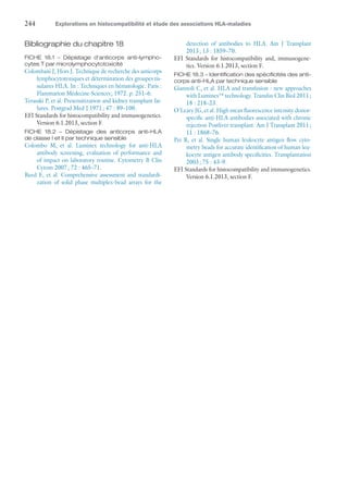 244	 Explorations en histocompatibilité et étude des associations HLA-maladies
Bibliographie du chapitre 18
FICHE 18.1 – Dépistage d'anticorps anti-lympho-
cytes T par microlymphocytotoxicité
Colombani J, Hors J. Technique de recherche des anticorps
lymphocytotoxiques et détermination des groupes tis-
sulaires HLA. In : Techniques en hématologie. Paris :
Flammarion Médecine-Sciences ; 1972. p. 251–6.
Terasaki P, et al. Presensitization and kidney transplant fai-
lures. Postgrad Med J 1971 ; 47 : 89–100.
EFI Standards for histocompatibility and immunogenetics.
Version 6.1.2013, section F.
FICHE 18.2 – Dépistage des anticorps anti-HLA
de classe I et II par technique sensible
Colombo M, et  al. Luminex technology for anti-HLA
antibody screening, evaluation of performance and
of impact on laboratory routine. Cytometry B Clin
Cytom 2007 ; 72 : 465–71.
Reed E, et al. Comprehensive assessment and standardi-
zation of solid phase multiplex-bead arrays for the
detection of antibodies to HLA. Am J Transplant
2013 ; 13 : 1859–70.
EFI Standards for histocompatibility and, immunogene-
tics. Version 6.1.2013, section F.
FICHE 18.3 – Identification des spécificités des anti-
corps anti-HLA par technique sensible
Giannoli C, et al. HLA and transfusion : new approaches
with Luminex™ technology. Transfus Clin Biol 2011 ;
18 : 218–23.
O'Leary JG, et al. High mean fluorescence intensity donor-
specific anti-HLA antibodies associated with chronic
rejection Postliver transplant. Am J Transplant 2011 ;
11 : 1868–76.
Pei R, et al. Single human leukocyte antigen flow cyto-
metry beads for accurate identification of human leu-
kocyte antigen antibody specificities. Transplantation
2003 ; 75 : 43–9.
EFI Standards for histocompatibility and immunogenetics.
Version 6.1.2013, section F.
 