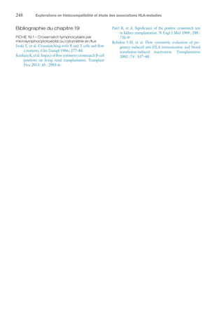 248	 Explorations en histocompatibilité et étude des associations HLA-maladies
Bibliographie du chapitre 19
FICHE 19.1 – Crossmatch lymphocytaire par
microlymphocytotoxicité ou cytométrie en flux
Iwaki Y, et al. Crossmatching with B and T cells and flow
cytometry. Clin Transpl 1986 ; 277–84.
Kurihara K, et al. Impact of flow cytometry crossmatch B-cell
positivity on living renal transplantation. Transplant
Proc 2013 ; 45 : 2903–6.
Patel R, et al. Significance of the positive crossmatch test
in kidney transplantation. N Engl J Med 1969 ; 280 :
735–9.
Rebidou J-M, et  al. Flow cytometric evaluation of pre-
gnancy-induced anti-HLA immunization and blood
transfusion-induced reactivation. Transplantation
2002 ; 74 : 537–40.
 