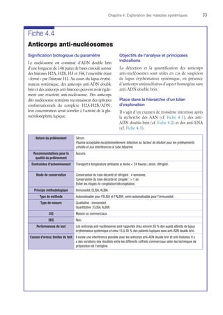 Chapitre 4. Exploration des maladies systémiques	33
Fiche 4.4
Anticorps anti-nucléosomes
Signification biologique du paramètre
Le nucléosome est constitué d'ADN double brin
d'une longueur de 146 paires de bases enroulé autour
des histones H2A, H2B, H3 et H4, l'ensemble étant
« fermé » par l'histone H1. Au cours du lupus érythé-
mateux systémique, des anticorps anti-ADN double
brin et des anticorps anti-histones peuvent avoir égale-
ment une réactivité anti-nucléosome. Des anticorps
dits nucléosome-restreints reconnaissent des épitopes
conformationnels du complexe H2A-H2B/ADN ;
leur concentration serait corrélée à l'activité de la glo-
mérulonéphrite lupique.
Objectifs de l'analyse et principales
indications
La détection et la quantification des anticorps
anti-nucléosomes sont utiles en cas de suspicion
de lupus érythémateux systémique, en présence
d'anticorps antinucléaires d'aspect homogène sans
anti-ADN double brin.
Place dans la hiérarchie d'un bilan
d'exploration
Il s'agit d'un examen de troisième intention après
la recherche des AAN (cf. Fiche 4.1), des anti-
ADN double brin (cf. Fiche 4.2) et des anti-ENA
(cf. Fiche 4.3).
Nature du prélèvement Sérum.
Plasma acceptable exceptionnellement. Attention au facteur de dilution pour les prélèvements
citratés et aux interférences si tube hépariné.
Recommandations pour la
qualité du prélèvement
Aucune.
Contraintes d'acheminement Transport à température ambiante si durée  24 heures ; sinon, réfrigéré.
Mode de conservation Conservation du tube décanté et réfrigéré : 4 semaines.
Conservation du tube décanté et congelé :  1 an.
Éviter les étapes de congélation/décongélation.
Principe méthodologique Immunodot, ELISA, ALBIA.
Type de méthode Automatisable pour l'ELISA et l'ALBIA ; semi-automatisable pour l'immunodot.
Type de mesure Qualitative : immunodot.
Quantitative : ELISA, ALBIA.
CIQ Maison ou commerciaux.
EEQ Non.
Performances du test Les anticorps anti-nucléosomes sont rapportés chez environ 85 % des sujets atteints de lupus
érythémateux systémique et chez 15 à 30 % des patients lupiques sans anti-ADN double brin.
Causes d'erreur, limites du test Il existe une interférence possible avec les anticorps anti-ADN double brin et anti-histones. Il y
a des variations des résultats entre les différents coffrets commerciaux selon les techniques de
préparation de l'antigène.
 