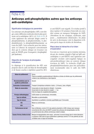 Chapitre 4. Exploration des maladies systémiques	53
Fiche 4.15
Anticorps anti-phospholipides autres que les anticorps
anti-cardiolipine
Signification biologique du paramètre
Les anticorps anti-phospholipides (APL) sont diri-
gés contre différentes molécules dont la plus perti-
nente est la cardiolipine (ACL) (cf. Fiche 4.12). Il
existe également des anticorps dirigés contre la
phosphatidylsérine, la phophorylcholine, le pho-
phatidylinostol, la phosphatidyléthanolamine au
cours du SAPL. Leur recherche peut être intéres-
sante en l'absence de marqueurs conventionnels
alors que le contexte clinique est évocateur (on
parle de SNAPS, pour Seronegative Antiphospholi-
pid Syndrome).
Objectifs de l'analyse et principales
indications
Le dépistage et la quantification des APL sont
proposés dans le cadre du bilan de thrombophilie
et de fausses couches à répétition quand les ACL
et anti-B2GP1 sont négatifs. Un résultat positif à
deux reprises à 12 semaines d'intervalle est consi-
déré comme un marqueur biologique de SAPL
(thrombose de site ectopique, récidivante, sujet
jeune…, manifestations obstétricales). En phase
de suivi, la décroissance voire la disparition n'éli-
mine pas le risque de récidive de thrombose.
Place dans la hiérarchie d'un bilan
d'exploration
Ces tests ne s'inscrivent qu'en troisième intention,
devant des résultats négatifs d'IgG et IgM anti-
cardiolipine et anti-B2GP1 mais également anti-
coagulant circulant (anti-coagulant lupique ou
anti-prothrombinase) dans un contexte clinique
évocateur de SAPL. La recherche d'IgM anti-
phosphatidyléthanolamine peut être particulière-
ment recommandée dans le cadre des SAPL
obstétricaux.
Nature du prélèvement Sérum.
Plasma acceptable exceptionnellement. Attention au facteur de dilution pour les prélèvements
citratés et aux interférences si tube hépariné.
Recommandations pour la
qualité du prélèvement
Aucune.
Contraintes d'acheminement Transport à température ambiante si durée  24 heures ; sinon, réfrigéré.
Mode de conservation Conservation du tube décanté et réfrigéré : 4 semaines.
Conservation du tube décanté et congelé :  1 an.
Éviter les étapes de congélation/décongélation.
Principe méthodologique ELISA (maison ou commerciaux), immunodots.
Type de méthode Manuelles ou automatisables.
Type de mesure Quantitative ou qualitative à données quantifiables pour l'immunodot.
CIQ Maison ou commerciaux.
EEQ Oui.
Performances du test Dans la littérature, environ 20 % des patients présentant un SAPL clinique sans marqueur
conventionnel (ACL et/ou anti-B2GP1) auraient des anticorps anti-phospholipides non ACL.
Les performances des coffrets commerciaux restent à évaluer.
Causes d'erreur, limites du test Manque de standardisation inter-essais : préconiser le second dosage dans le même laboratoire.
La présence d'APE dans le lupus érythémateux systémique (environ 70 % des patients) est sans
corrélation avec le risque de thrombose.
 