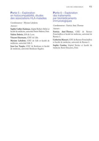 Liste des collaborateurs	VII
Partie 5 – Exploration
en histocompatibilité, études
des associations HLA-maladies
Coordonnateur : Myriam Labalette
Auteurs :
Sophie Caillat-Zuckman, hôpital Robert-Debré et
faculté de médecine, université Denis-Diderot, Paris.
Valérie Dubois, EFS de Lyon.
Vincent Elsermans, CHU de Lille.
Myriam Labalette, CHU de Lille et faculté de
médecine, université Lille 2.
Jean-Luc Taupin, CHU de Bordeaux et faculté
de médecine, université Bordeaux-Segalen.
Partie 6 – Exploration
des traitements
par biomédicaments
immunologiques
Coordonnateur : Patricia Amé-Thomas
Auteurs :
Patricia Amé-Thomas, CHU de Rennes
Pontchaillou et faculté de médecine, université de
Rennes 1.
Catherine Massart,CHUdeRennesPontchaillou
et faculté de médecine, université de Rennes 1.
Sophie Candon, hôpital Necker et faculté de
médecine René-Descartes, Paris.
 