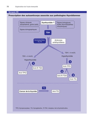 84	 Exploration de l’auto-immunité
Synopsis VIII
Prescription des autoanticorps associés aux pathologies thyroïdiennes
Dysthyroïdie ?
Signes échographiques
Signes cliniques
(exophtalmie, goitre isolé)
Signes biologiques
isolés (thyroïdopathies
infracliniques)
Anti-TPO
TSH  4 mUI/L
Hyperthyroïdie
1
Anti-R-TSH
Anti-TG
2
3
Cancer de la thyroïde Anti-TG
1
Anti-TPO
TPO, thyroperoxydase ; TG, thyroglobuline ; R-TSH, récepteur de la thyréostimuline.
Anticorps
antithyroïdiens
Hypothyroïdie
Anti-R-TSH
Hormones libres
T3, T4
TSH
TSH  4 mUI/L
TG
 