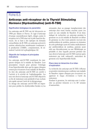 88	 Exploration de l’auto-immunité
Fiche 6.5
Anticorps anti-récepteur de la Thyroid Stimulating
Hormone (thyréostimuline) (anti-R-TSH)
Signification biologique du paramètre
Les anticorps anti-R-TSH ont été découverts en
1956 par Adams et Purves. Il s'agit d'anticorps
d'isotype essentiellement IgG1, dirigés contre le
récepteur de la TSH situé sur le pôle basal du thy-
rocyte. En se liant à des épitopes du domaine
extracellulaire du R-TSH, ces anticorps activent le
système adénylcyclase membranaire conduisant à
la production d'AMPc ; conjointement, ils sti-
mulent l'activité de la phospholipase A2.
Objectifs de l'analyse et principales
indications
Les anticorps anti-R-TSH constituent les mar-
queurs sériques de la maladie de Basedow. Leur
prescription s'inscrit pour préciser l'étiologie
d'une hyperthyroïdie alors que les signes cliniques
restent peu évocateurs d'une maladie de Basedow.
Le titre des anticorps anti-R-TSH est corrélé à
l'activité et la sévérité de l'ophtalmopathie. Les
taux très élevés d'anticorps anti-R-TSH objectivés
en fin de traitement sont prédictifs d'une rechute
très rapide suivant l'arrêt de la thérapeutique.
Le dosage des anticorps anti-R-TSH est impor-
tant pour prédire les dysthyroïdies fœtales et/ou
néonatales dues au passage transplacentaire des
anticorps chez toute femme enceinte ayant (ou
ayant eu) une maladie de Basedow. Il est donc
indiqué de rechercher ces anticorps pendant la
grossesse en cas de maladie de Basedow en début
de grossesse ou chez toute patiente recevant des
antithyroïdiens de synthèse, patiente en rémission
de cette pathologie ayant été traitée médicalement
par antithyroïdiens de synthèse, patiente ayant
subi une thyroïdectomie ou une IRAthérapie au
préalable et chez laquelle peuvent persister des
taux élevés d'anticorps-anti-R-TSH (surtout après
traitement par iode radioactif), antécédent de
grossesse avec hyperthyroïdie fœtale.
Place dans la hiérarchie d'un bilan
d'exploration
La recherche des anticorps anti R-TSH s'effectue
en première intention pour confirmer une maladie
de Basedow (signes cliniques peu évocateurs) ou
apprécier le risque d'évolution à l'arrêt du
traitement.
Pendant la grossesse, les anticorps sont à recher-
cher au premier trimestre et à la 36e
semaine
d'aménorrhée.
 